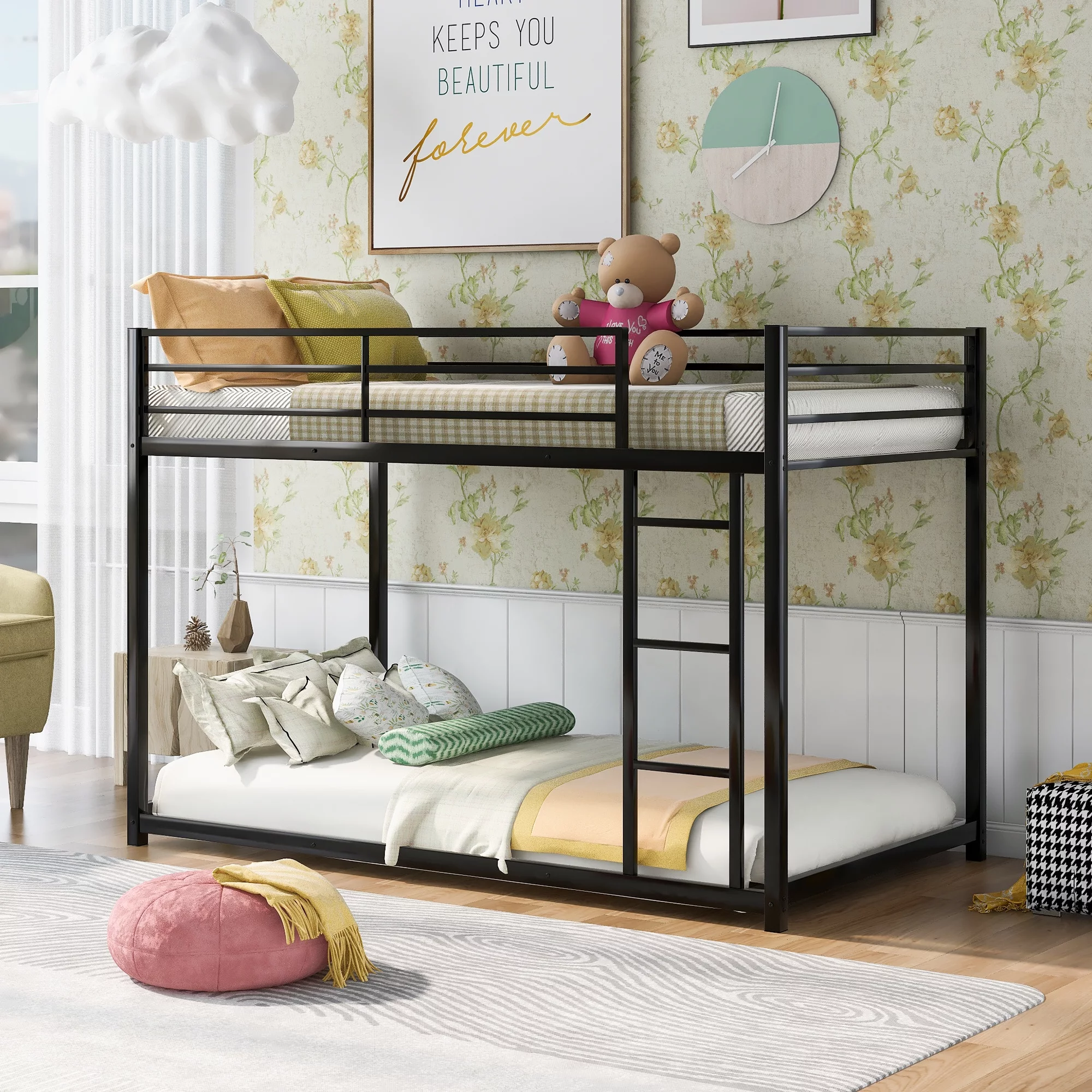 Nestfair Black Twin over Twin Metal Bunk Bed with Ladder
