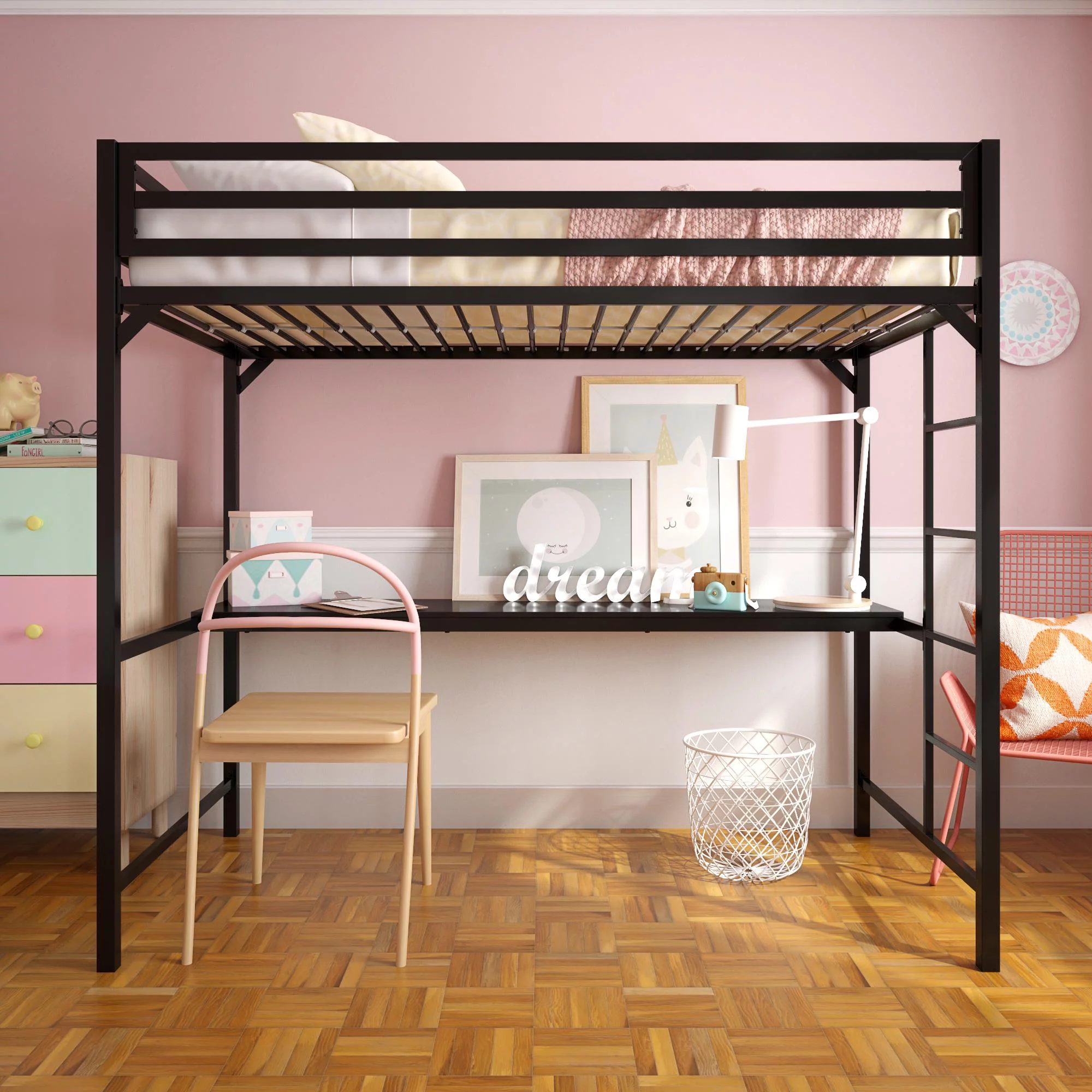 DHP Miles Metal Twin Loft Bed with Desk, Black