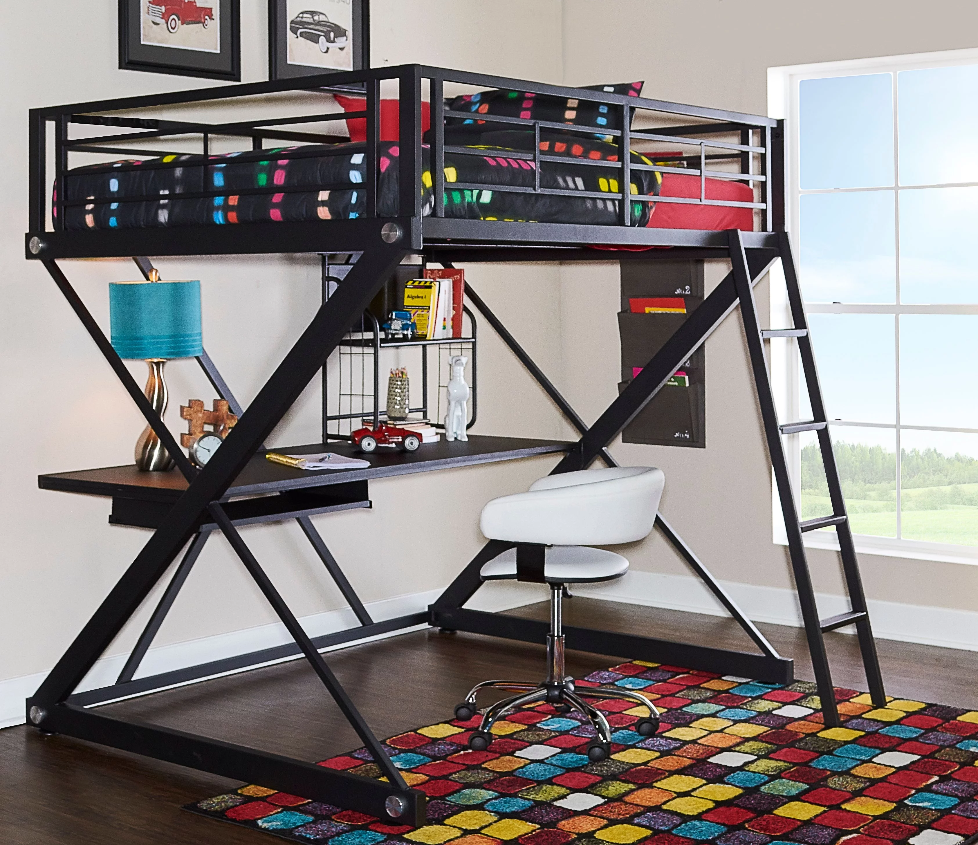 Linon Z-Bedroom Full Size Metal Study Loft Bunk Bed in Black