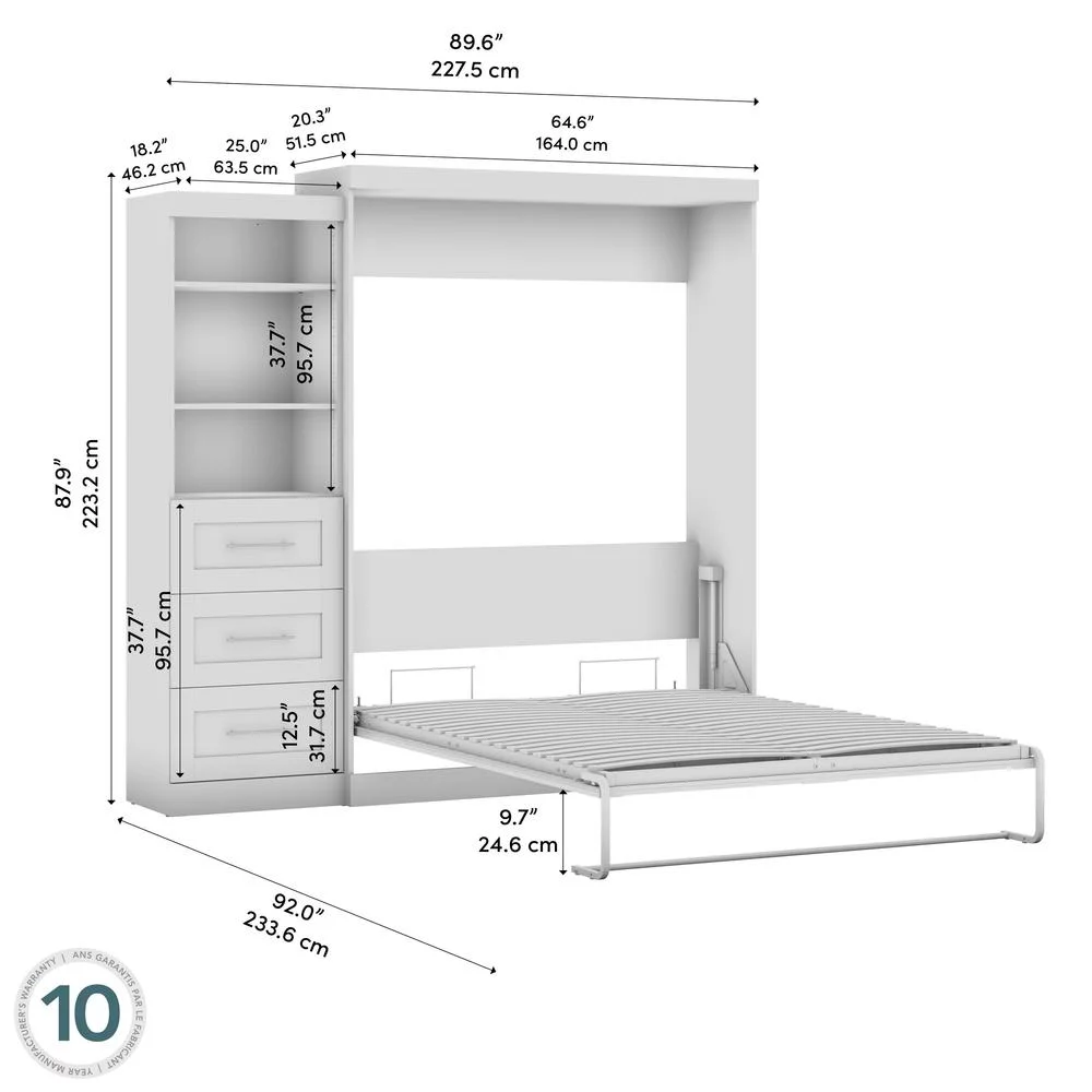 Bestar Pur Queen Murphy Bed and Shelving Unit with Drawers (90W) in Rustic Brown