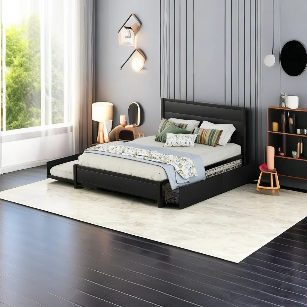 Queen Platform Bed with Twin Size Trundle and 2 Storage Drawers, Metal Queen Size Bed Frame with Headboard, Queen Storage Bed with Trundle for Bedroom