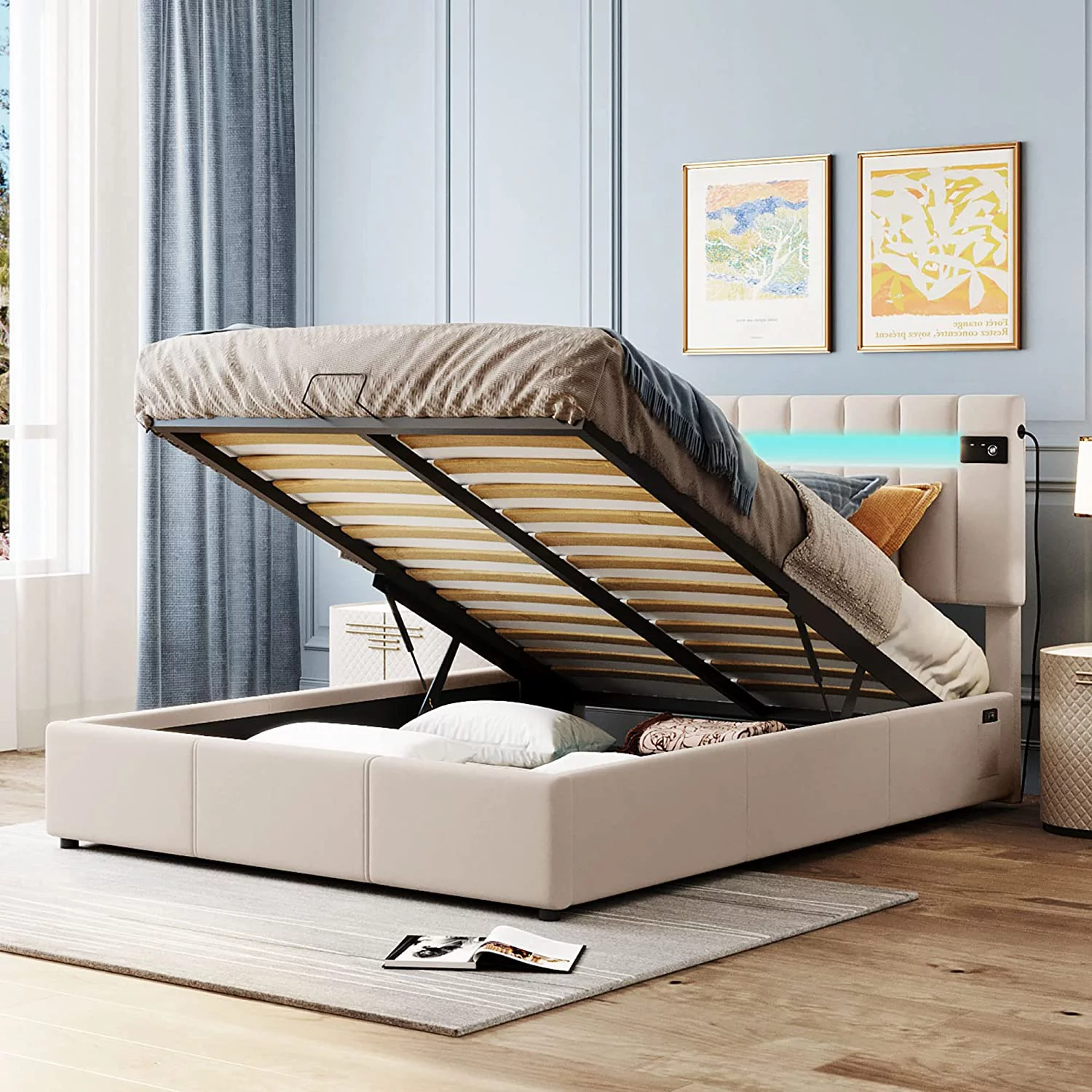 Upholstered Queen Platform Bed With LED Headboard, Bluetooth Player And USB Charging, Velvet Fabric Queen Size Bed With Lift Up Storage, No Box Spring Needed (Beige)