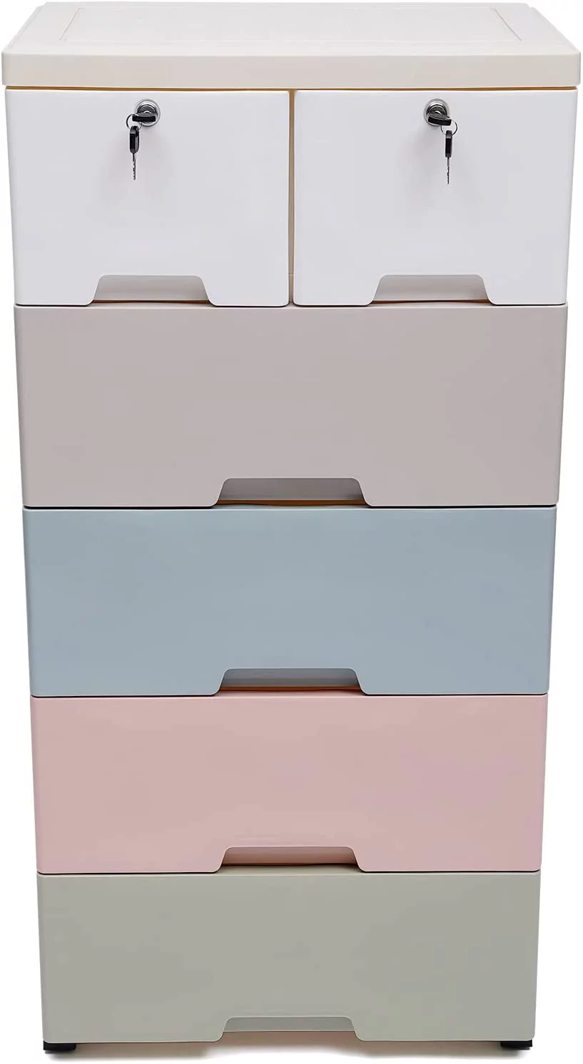 MONIPA 6 Plastic Drawers Dresser Storage Cabinet Organizer with lock, Vertical Clothes Storage Tower for Clothes, Toys, Playroom, Bedroom Furniture (Macaron)