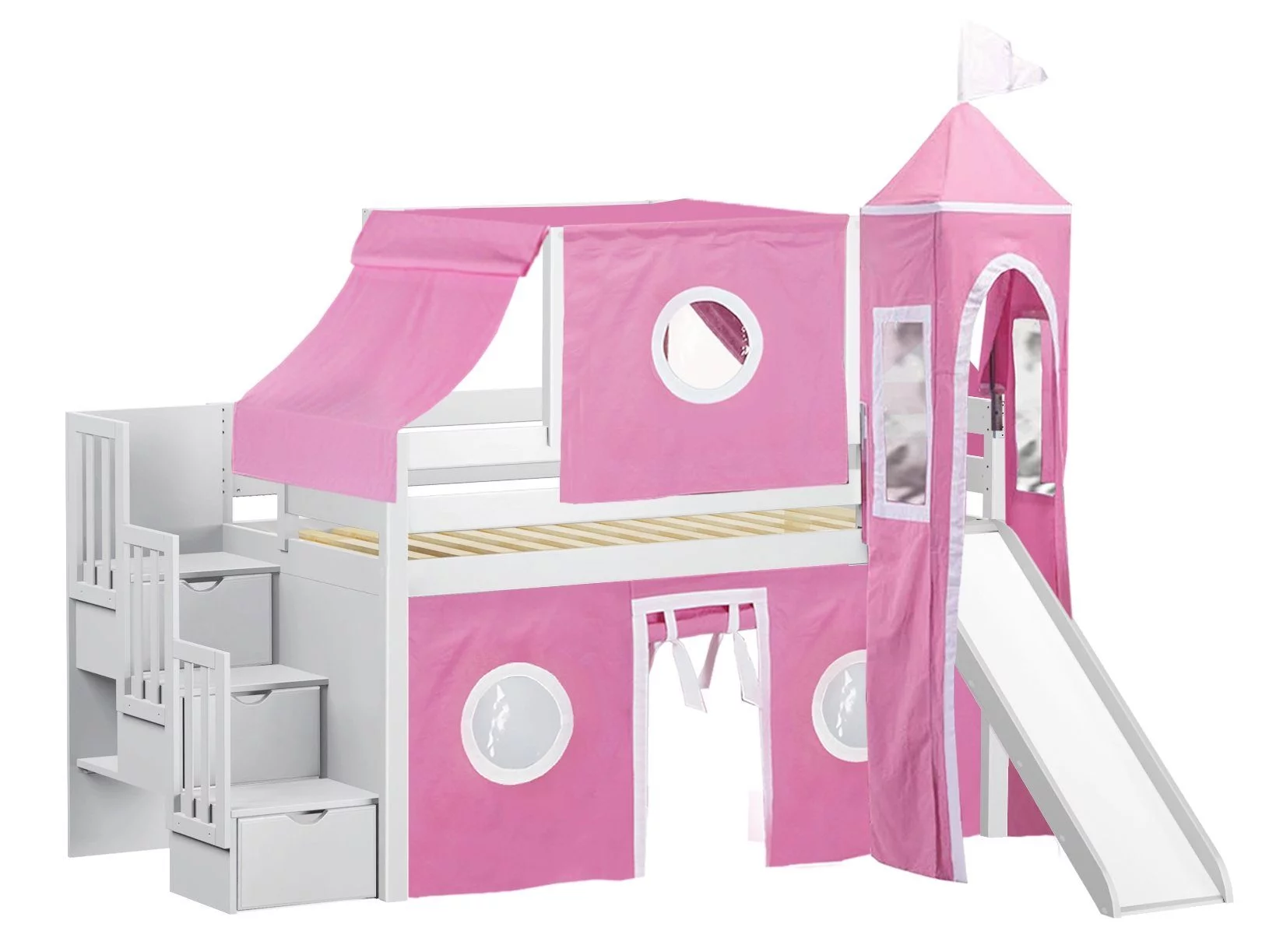 Jackpot Princess Low Loft Stairway Bed with Slide Pink & White Tent and Tower, Twin, White