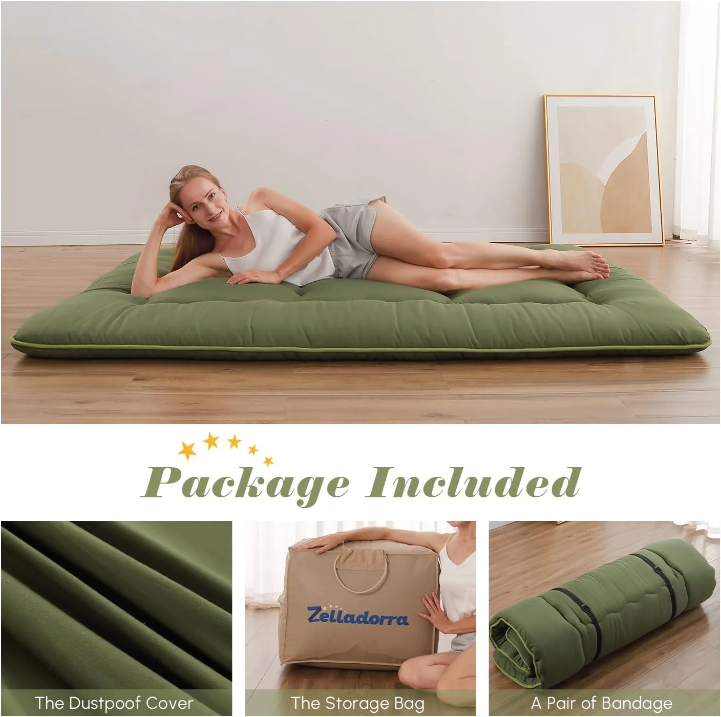 Zelladorra Japanese Floor Mattress, Futon Mattress with Portable Storage Bag, Roll Up Mattress Thick Tatami Mattress Suitable for Camping, Guest Room, Green, Twin