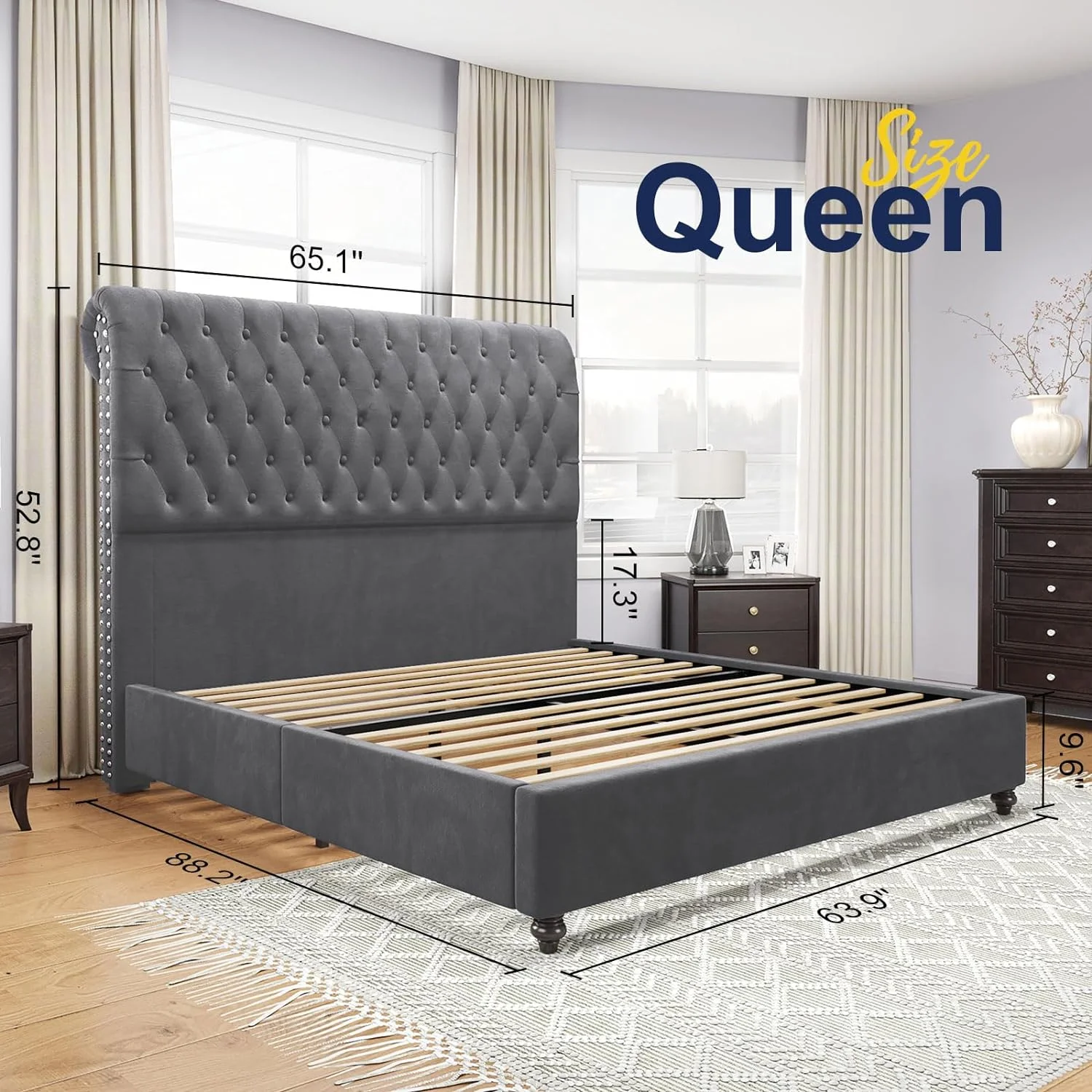 Jocisland Upholstered Queen Bed Frame with Headboard Sleigh PlatformTufted Bed/Dark Gray