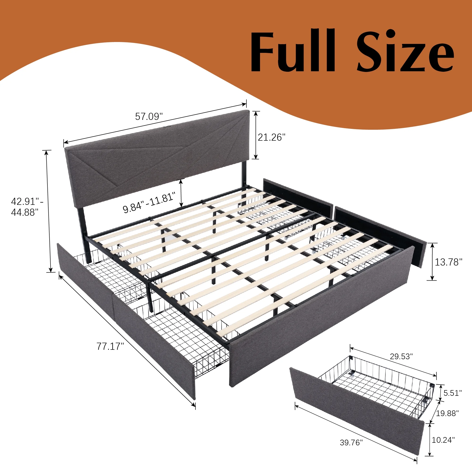 LoVinson Queen Bed Frame with 4 Drawers, Platform Bed with Charging Station and Adjustable Headboard, Mattress Foundation with Wooden Slats Support, No Box Spring Needed, Grey