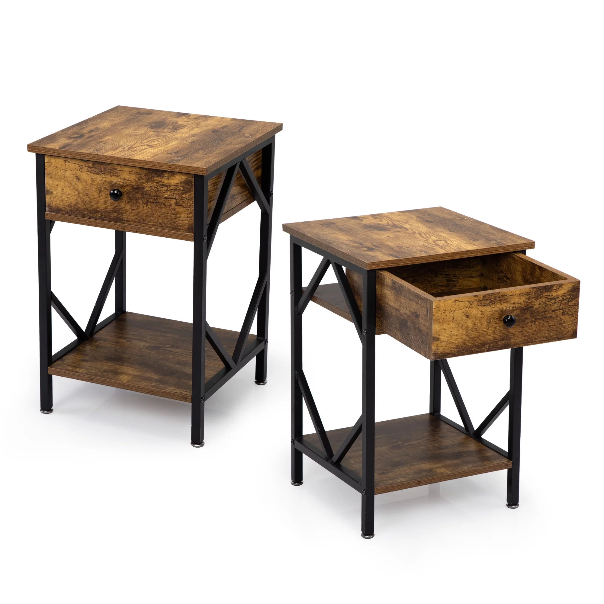 2PCS Farmhouse Nightstand with Drawers, Wood Side Table with Storage Shelf and Metal Frame, Rustic Brown End Table Furniture for Living Room Bedroom Office