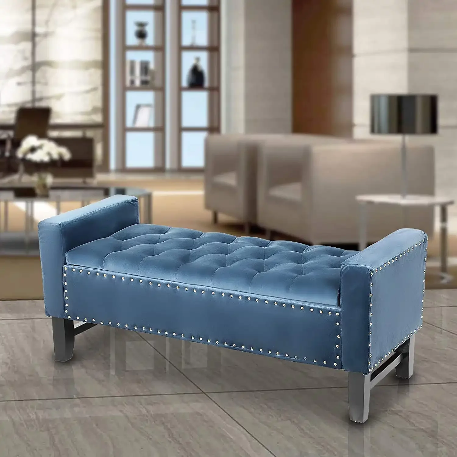 MoNiBloom Velvet Storage Bench, Upholstered Tufted Storage Ottoman with Wooden Legs, End of Bed Padded Entayway Bench for Living Room Bedroom Hallway, Navy Blue