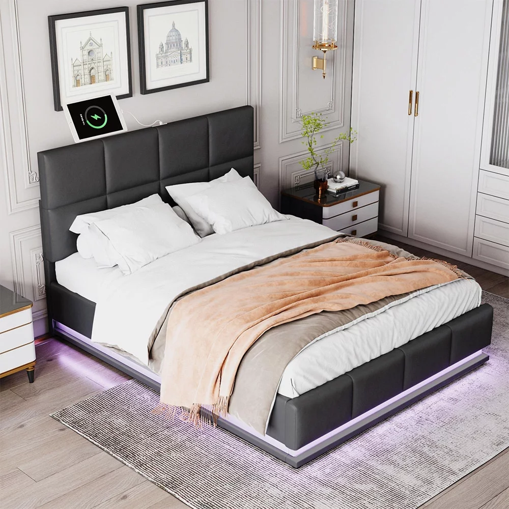 KISPATTI Gas Lift Upholstered Platform Bed with Storage Compartment and PU Leather Tufted Headboard, No Box Spring Needed, Queen, Black
