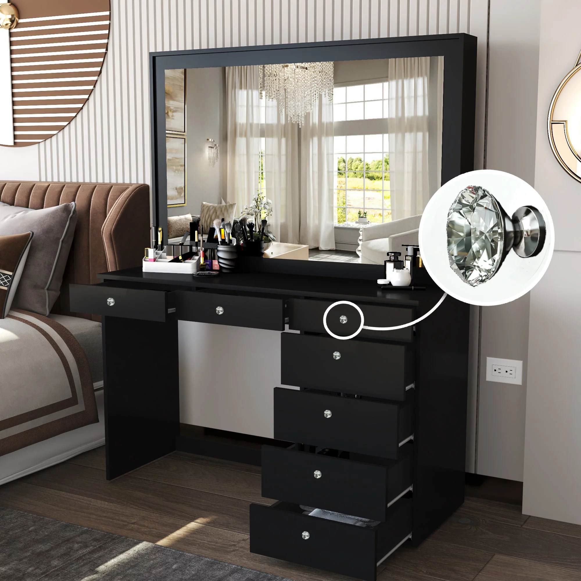 Boahaus Modern Black Painted Vanity Table with Crystal Knobs, for Bedroom