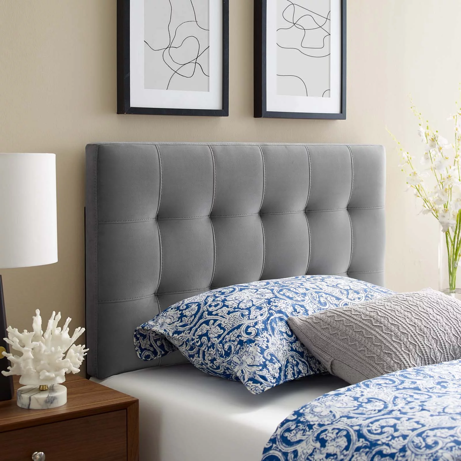 Contemporary Modern Urban Designer Bedroom Twin Size Tufted Headboard, Velvet Fabric, Grey Gray