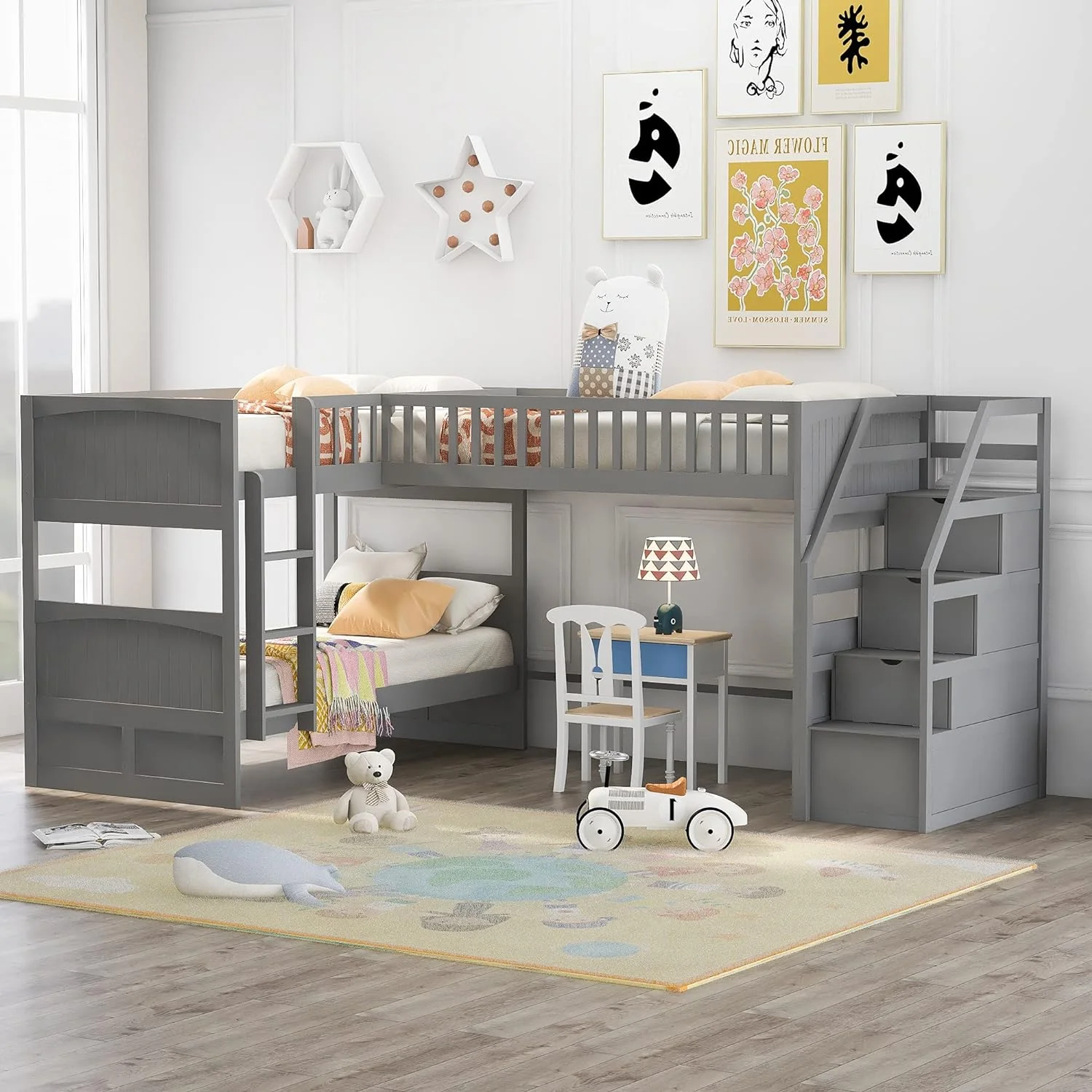 Bunk Bed With Staircase, Wood Bunk And Loft Bed For 3 People, No Box Spring Needed (Gray)