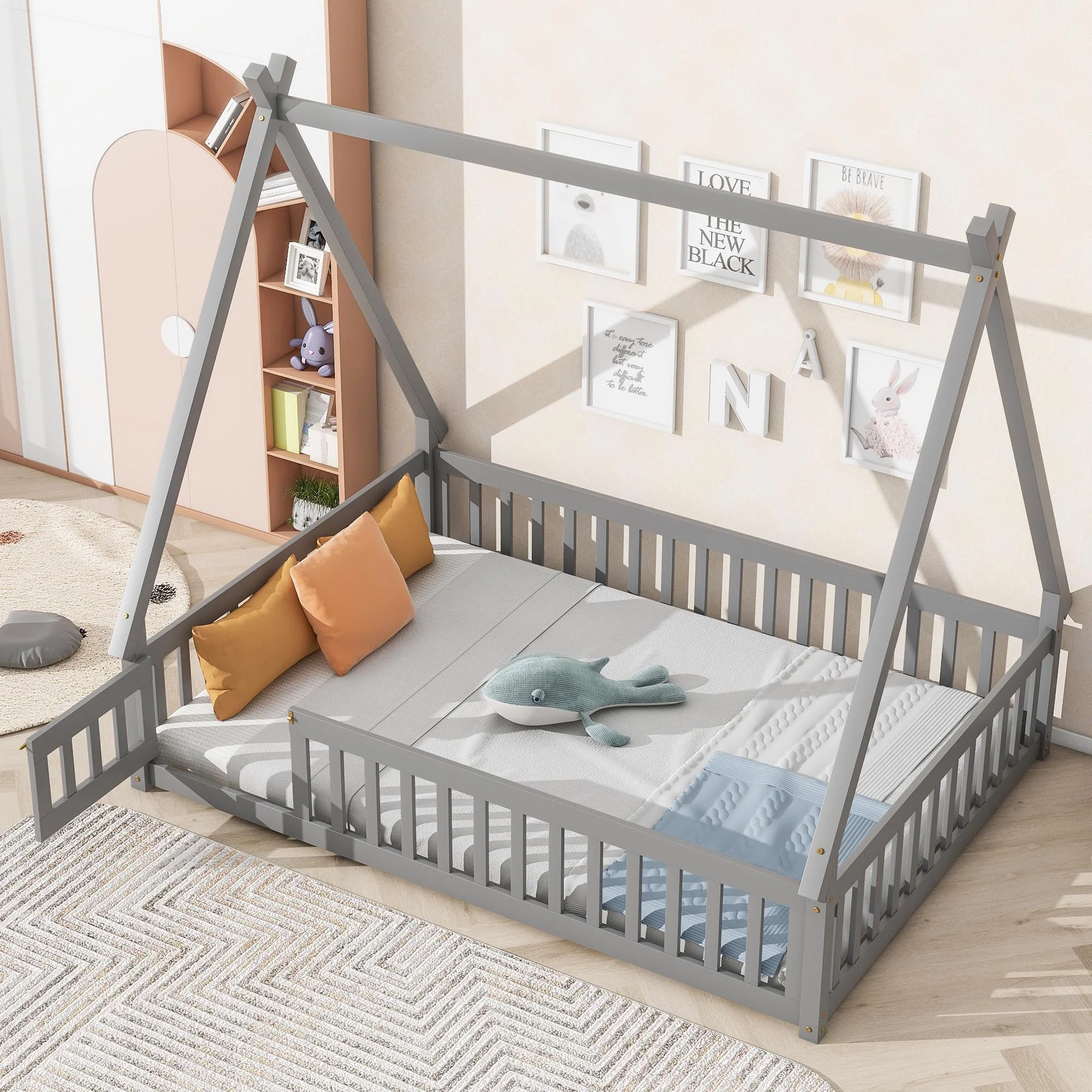Bellemave Full Size Montessori Floor Bed, Wood Kids Tent-Shaped Teepee Bed with Guardrails & Door, House Toddler Bed for Girls Boys(Gray)