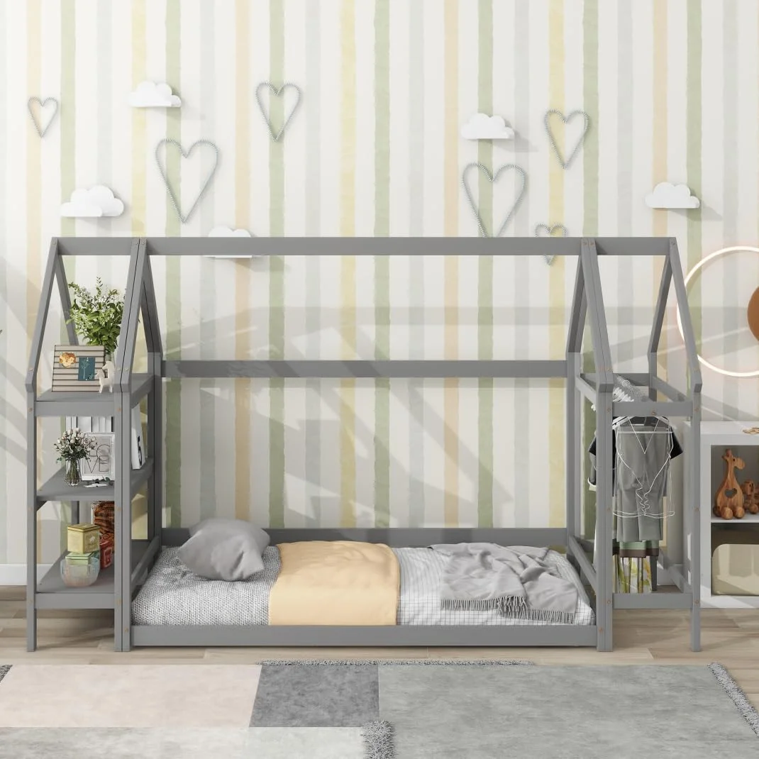 Tabaray Twin Floor Bed with 2 Detachable Stands, House-Shaped Montessori Floor Bed, Wood Floor Bed Frame with 3 Storage Shelves and Hanging Rod for Boys Girls Bedroom, Gray