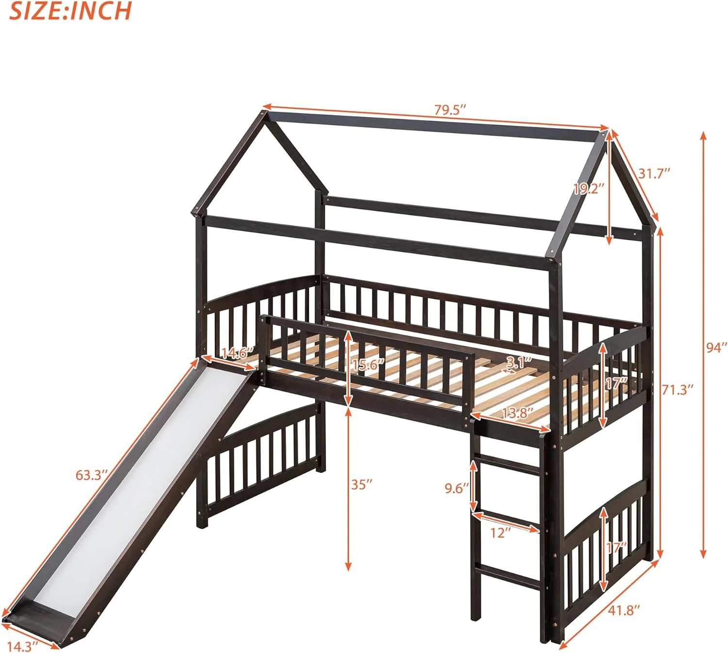 House Loft Bed For Kids, Loft Bed With Slide Ad Ladder, Wood Kids Loft Bed Frame For Girls Boys Bedroom,o Box Sprig eeded,Espresso