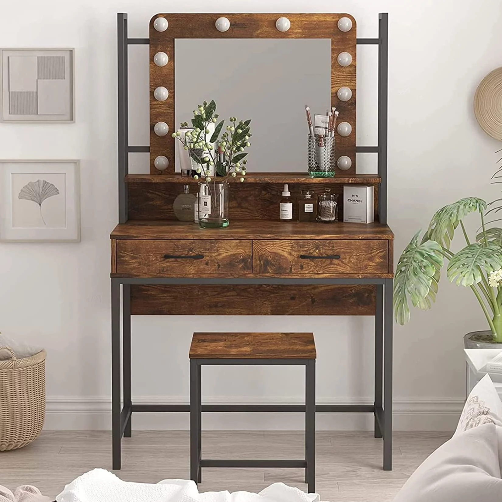 Veanerwood Rustic Vanity Set with Adjustable Lights, Makeup Vanity Table Desk for Bedroom, 3 Drawers, Brown