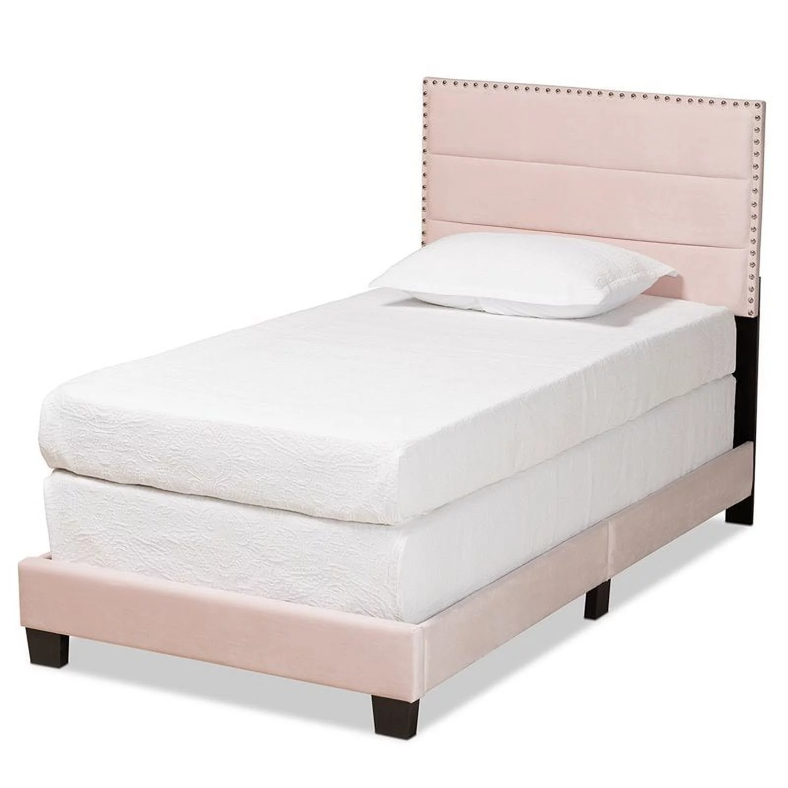 Bowery Hill Modern Velvet Fabric Upholstered Twin Size Panel Bed in Light Pink