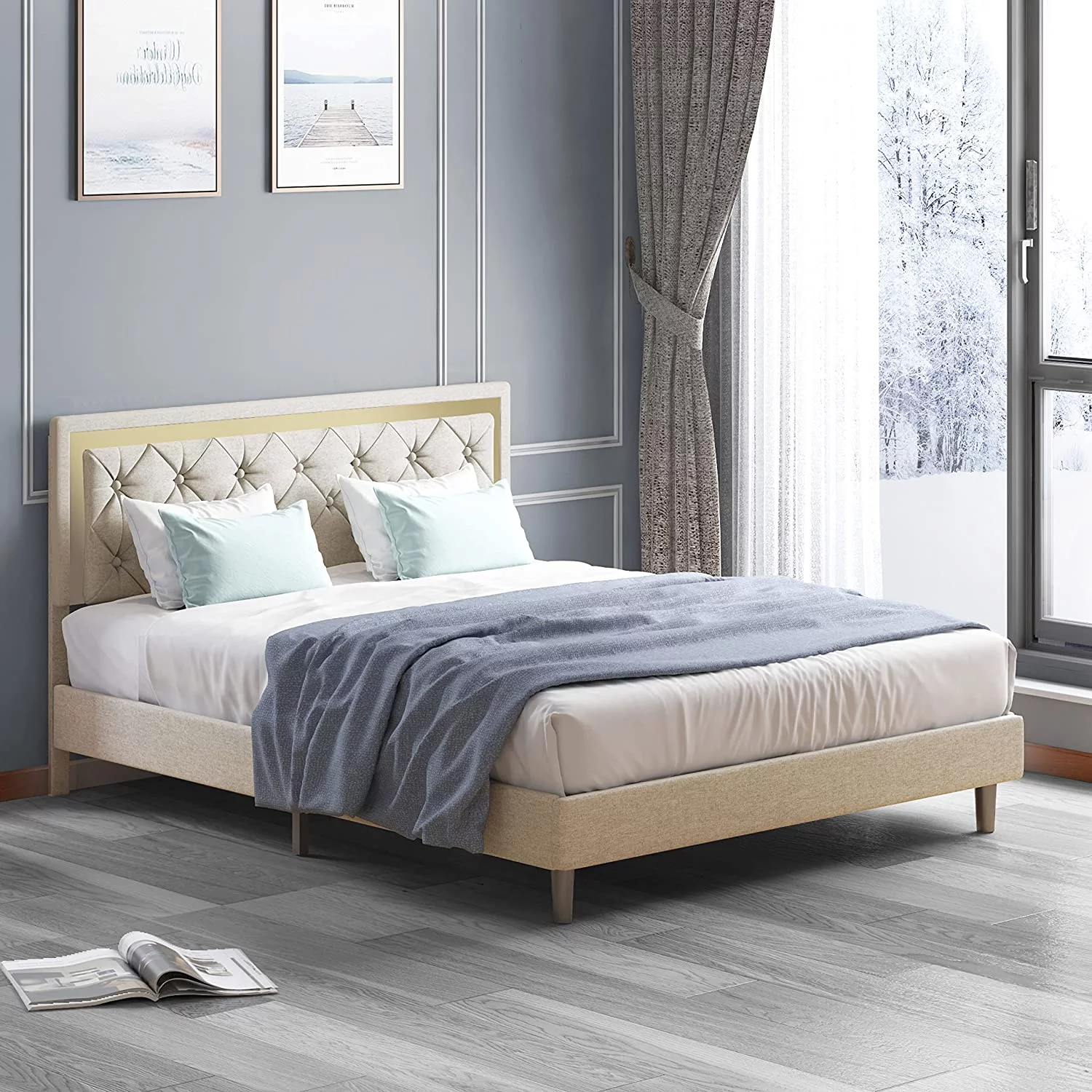 Mjkone King Size Bed Frames with Headboard, Upholstered Bed Frame with Wooden Slat Support, Platform Bed Frame, No Box Spring Needed/Easy Assembly/No Mattress (Beige)