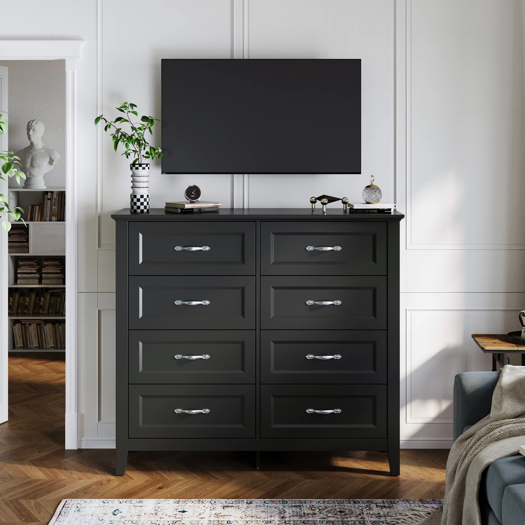 Linsy Home 8 Drawer Black Double Dresser, Wood Storage Cabinet with Easy Pull Out Handles for Living Room, Chest of Drawers for Bedroom