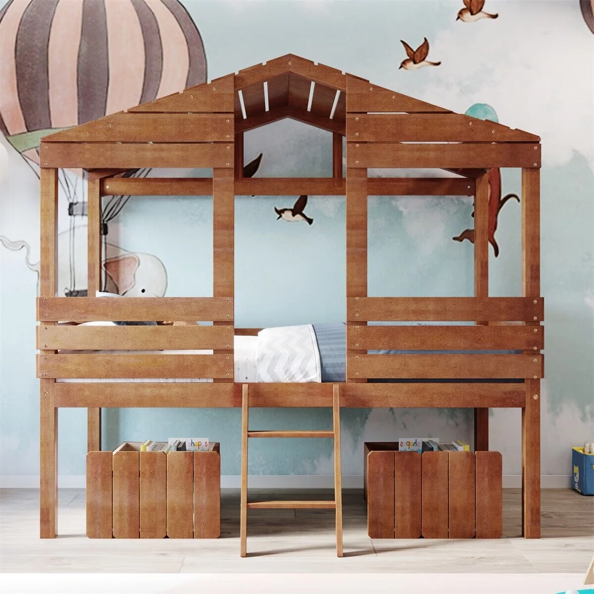 MERAX Wood Twin Size Low Loft House Bed with Two Drawers Walnut