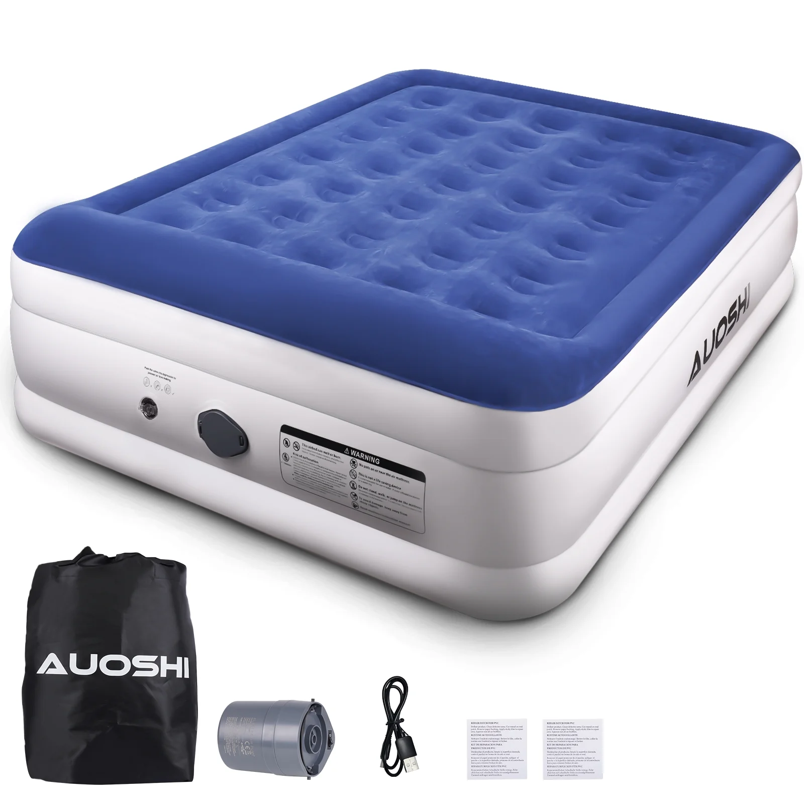 AUOSHI Queen Air Mattress with Rechargeable Built-in Pump 662lb Weight Capacity Luxury Inflatable Air Bed Portable Double Airbed Waterproof Durable Adjustable Blow Up Mattress for Home Camping