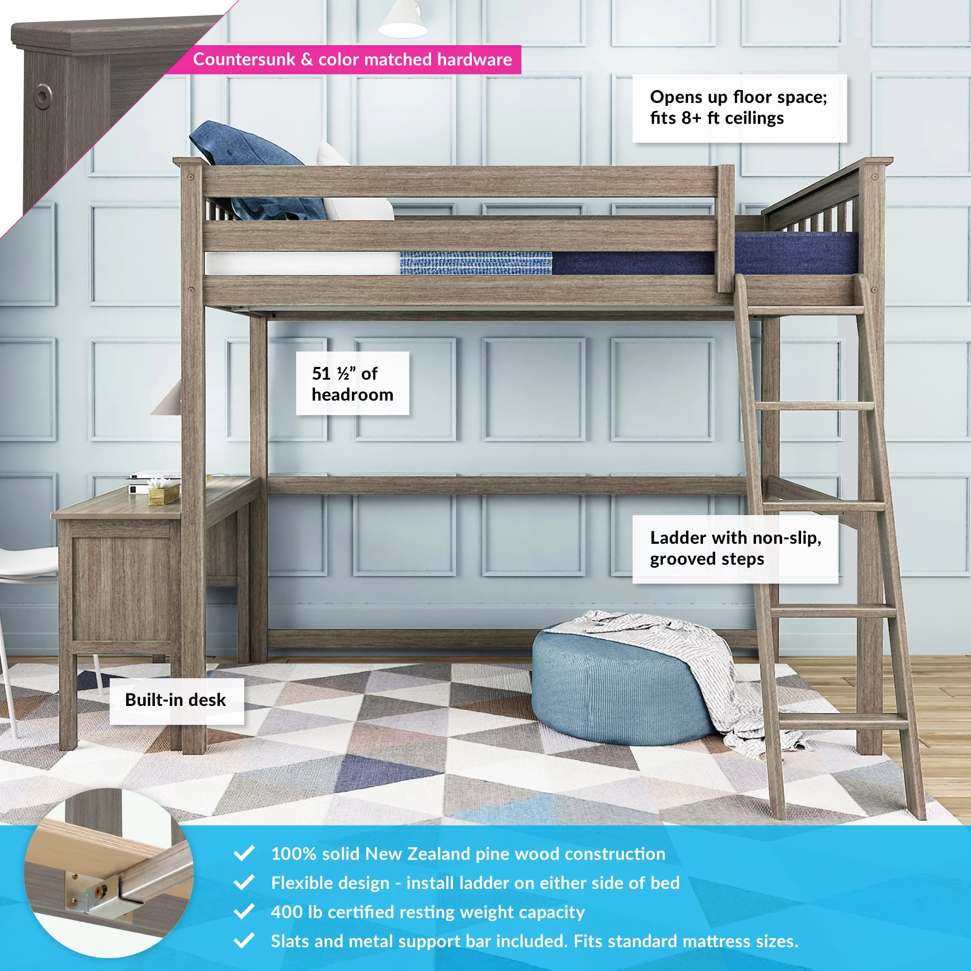 Max & Lily Twin Loft Bed, Solid Wood High Loft Bed with Desk and Ladder for Kids, Clay