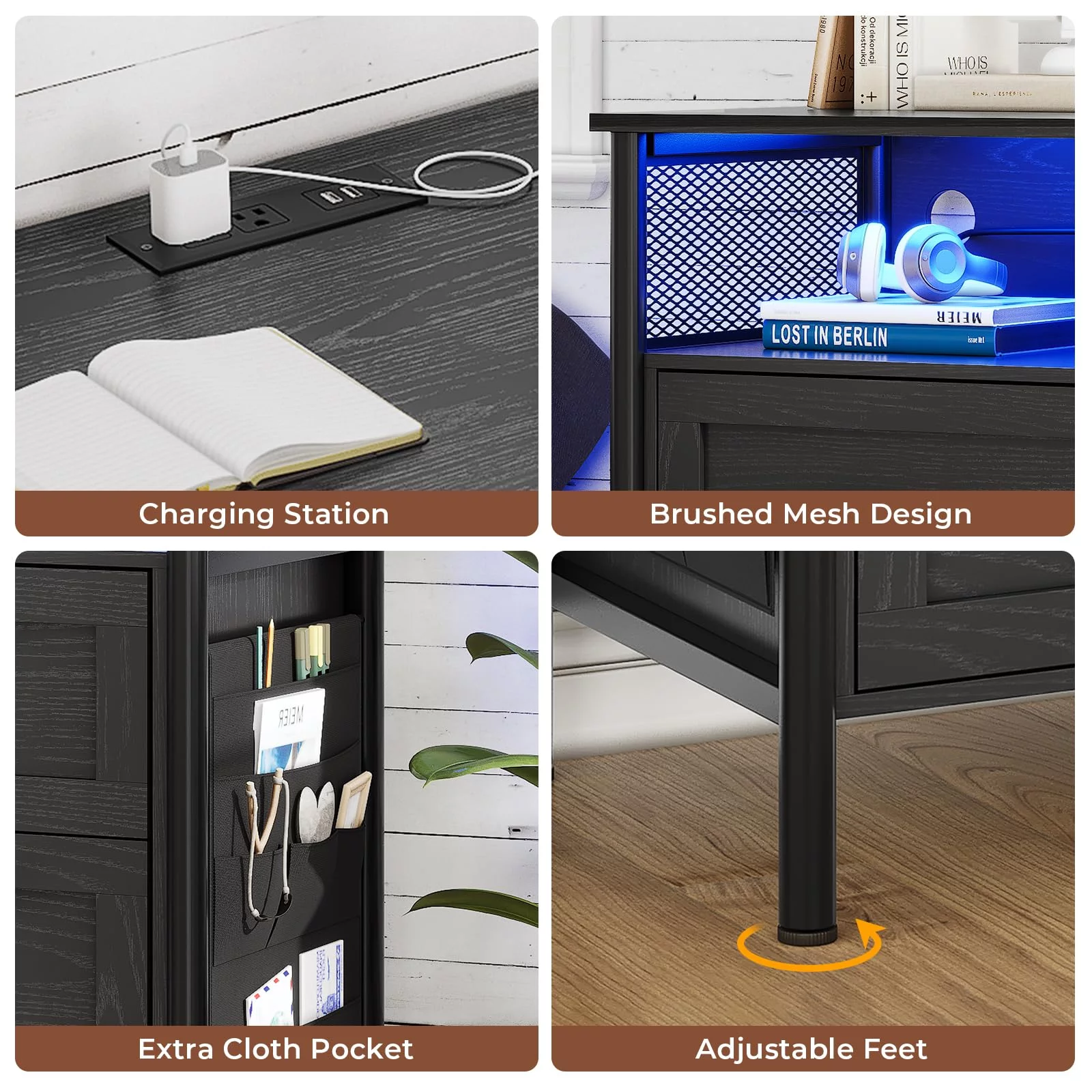 Afuhokles 6 Drawer Dresser for Bedroom with Charging Station, Black Dressers and Chests of Drawers with Led Lights and Cloth Pocket