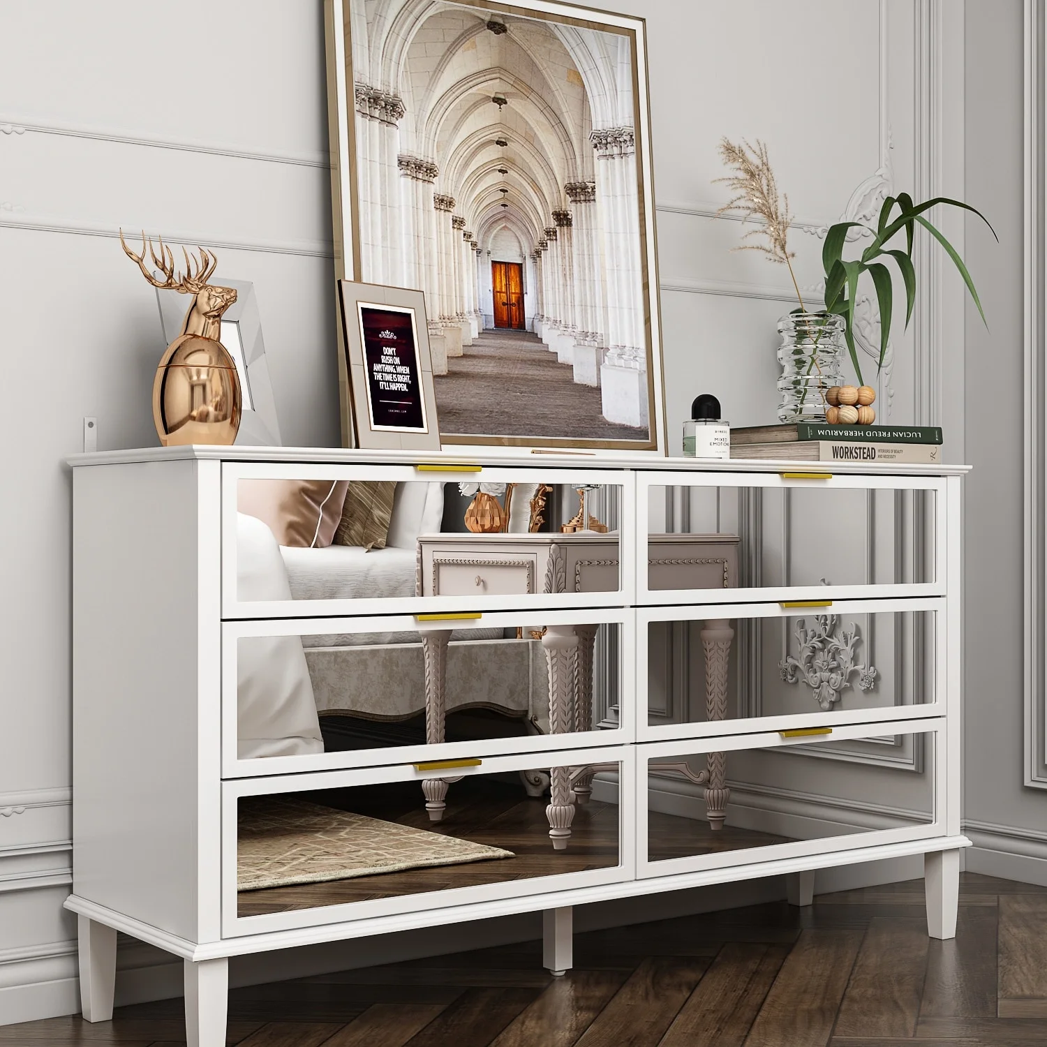 Sideboard Buffet Mirrored Dresser with 6 Storage Drawer Modern Chest - 55.1