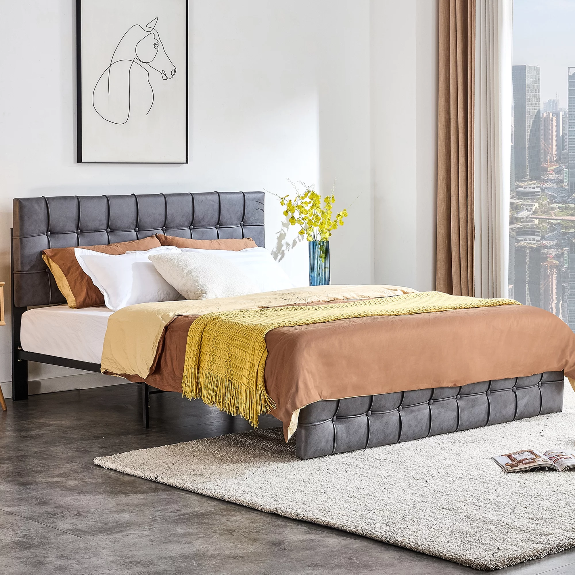 HSUNNS Full Size Bed Frame, Platform Bed Frame with Upholstered Height Adjustable Headboard, Metal Frame, Modern Bedroom Furniture Full Bed Frame with Strong Slat Support, Gray