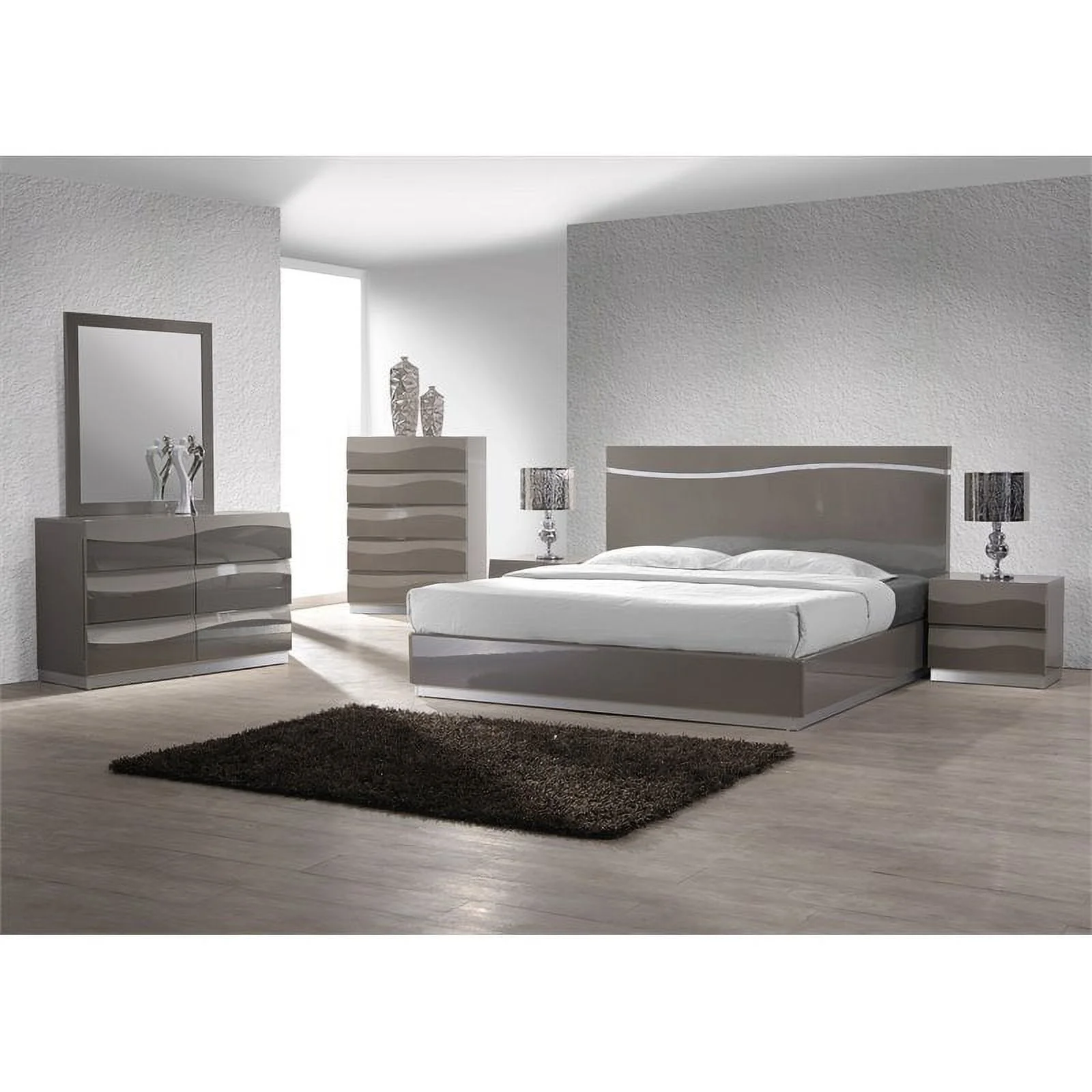 Milan Dayton Contemporary MDF Wood King Bedroom Set in Gloss Gray