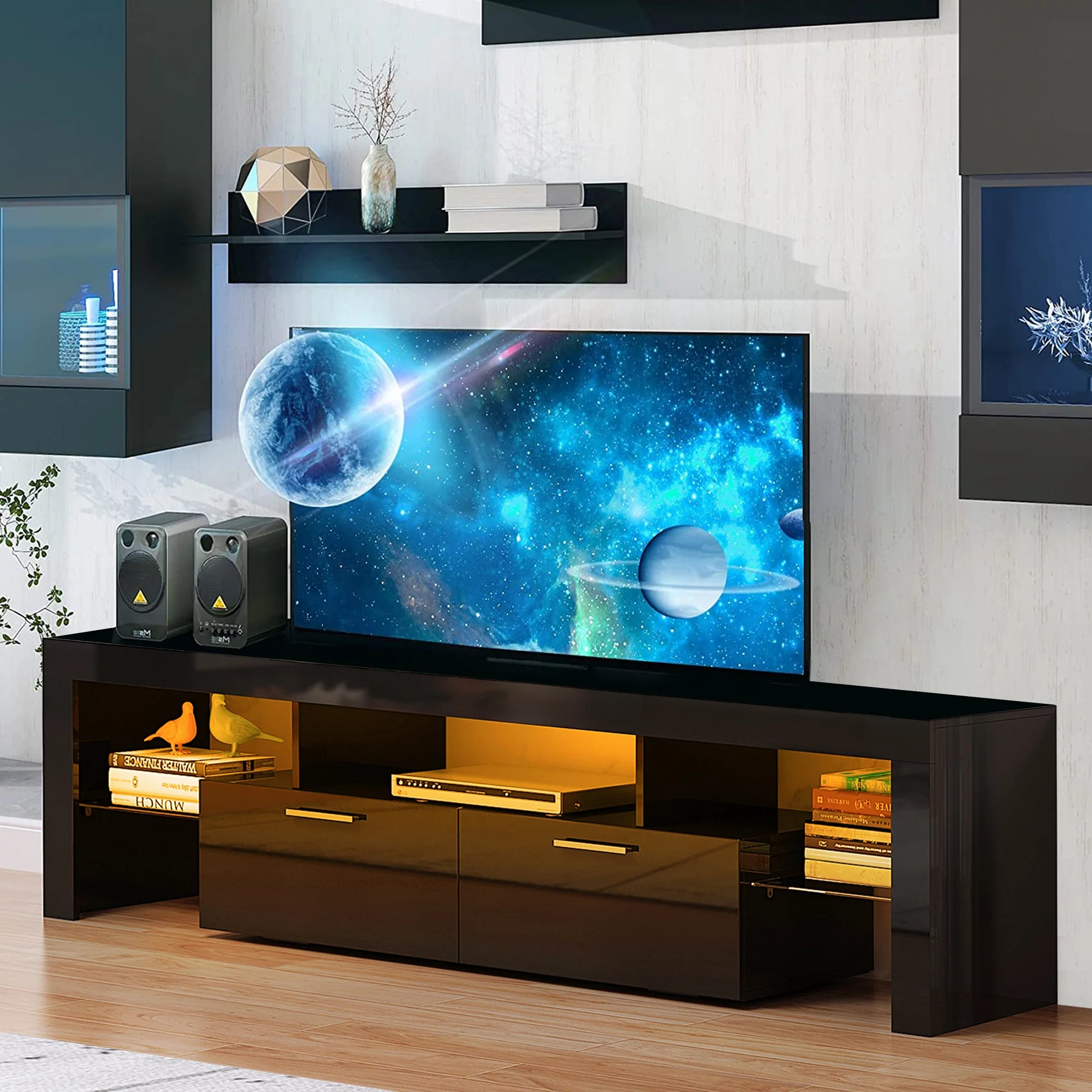 SESSLIFE Black TV Stand for 80 Inch TV, TV Cabinet with 29 Color LED Light, Modern Wood Entertainment Center