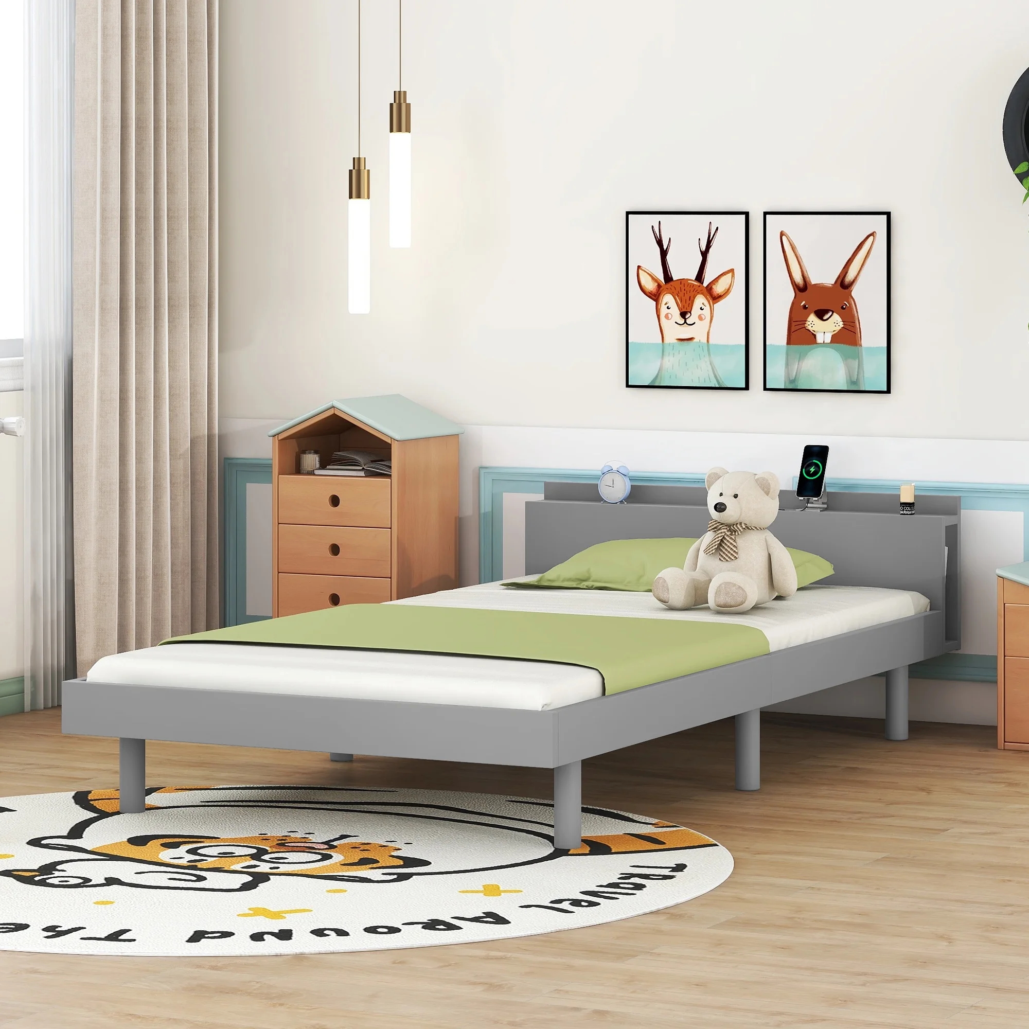 Modern Twin Platform Bed Frame with Headboard - Grey Color