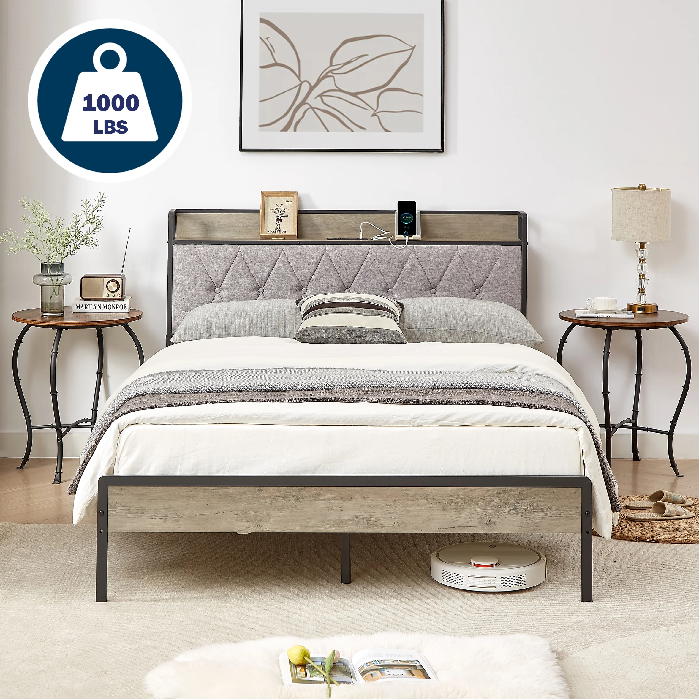 Bellemave Modern Industrial Full Size Platform Bed with Storage Headboard and Charging Station Heavy Duty Metal Bed Frame with Upholstered Headboard and Footboard, No Box Spring Needed, Gray