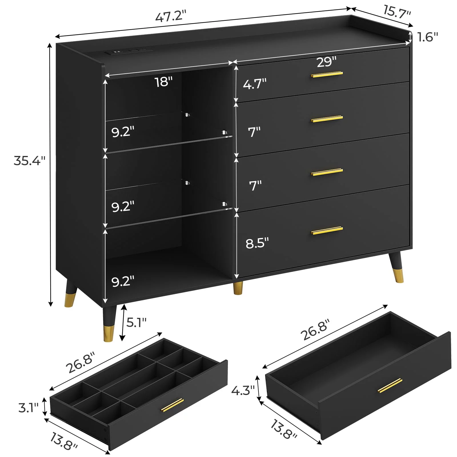 Dresser for Bedroom with 4 Drawers, Bedroom Dresser with LED Light & Charging Station, Black