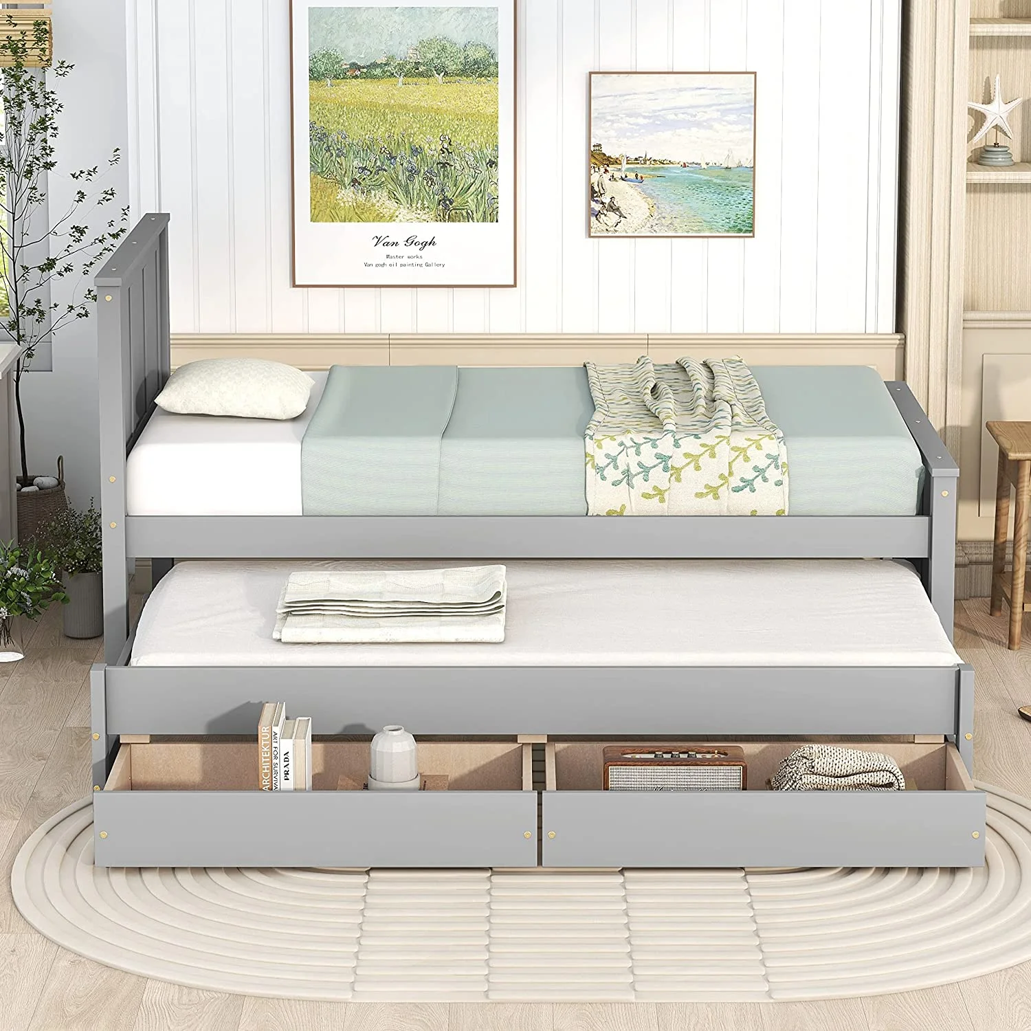 Wood Bed with Trundle and 2 Drawers Twin Daybed Frame for Kids Teens Adults/No Box Spring Needed Grey