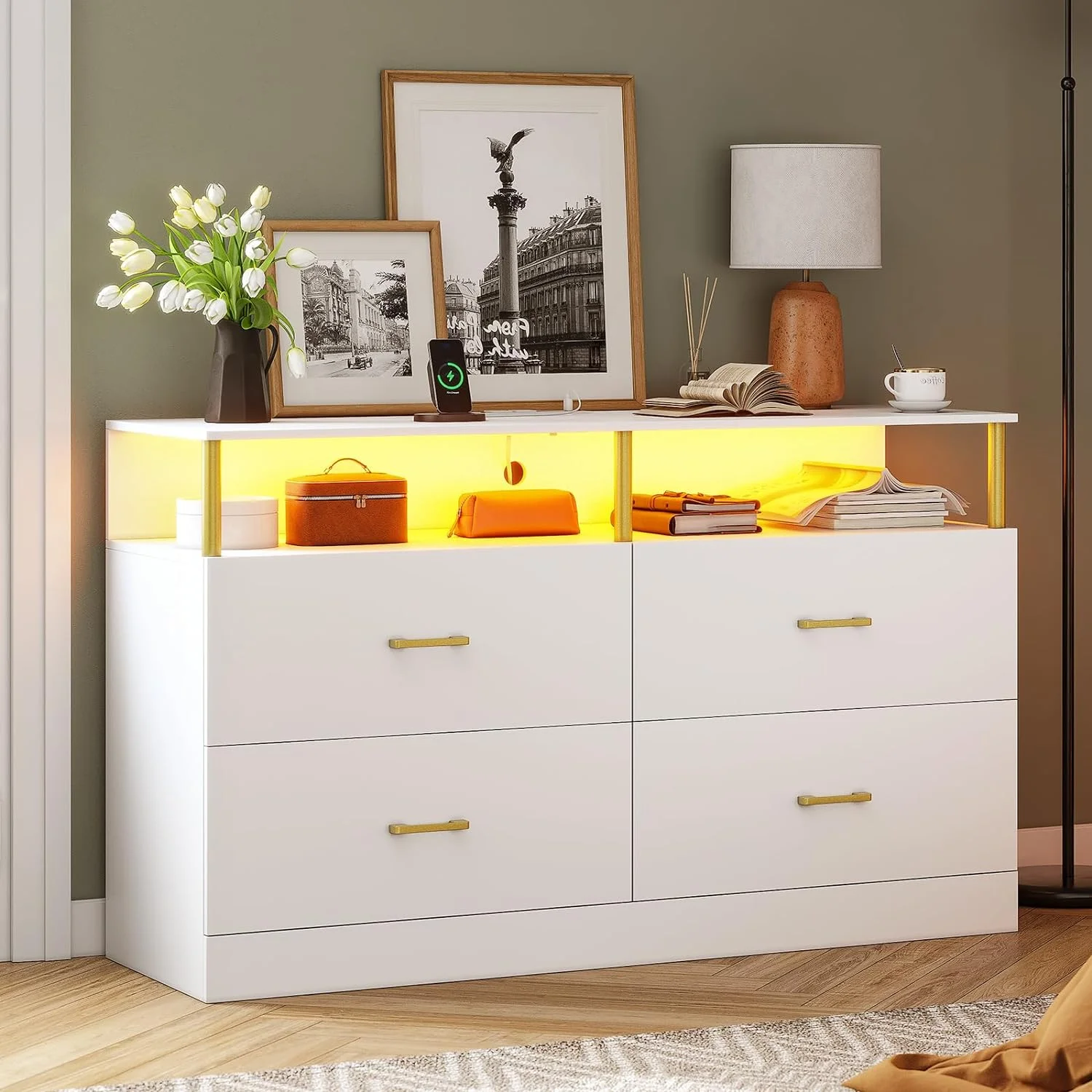 AOGLLATI White Dresser with Charging Station, Modern Bedroom Wide Led Drawers Dressers with 4 Drawer,Column Design