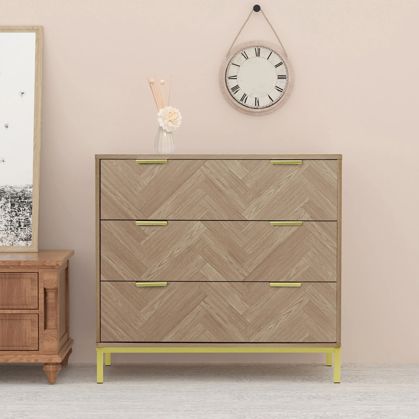Anmytek 3-Drawer Dresser Natural Oak Chest of Drawers Mid Century Modern Bedroom Dressers 31.5