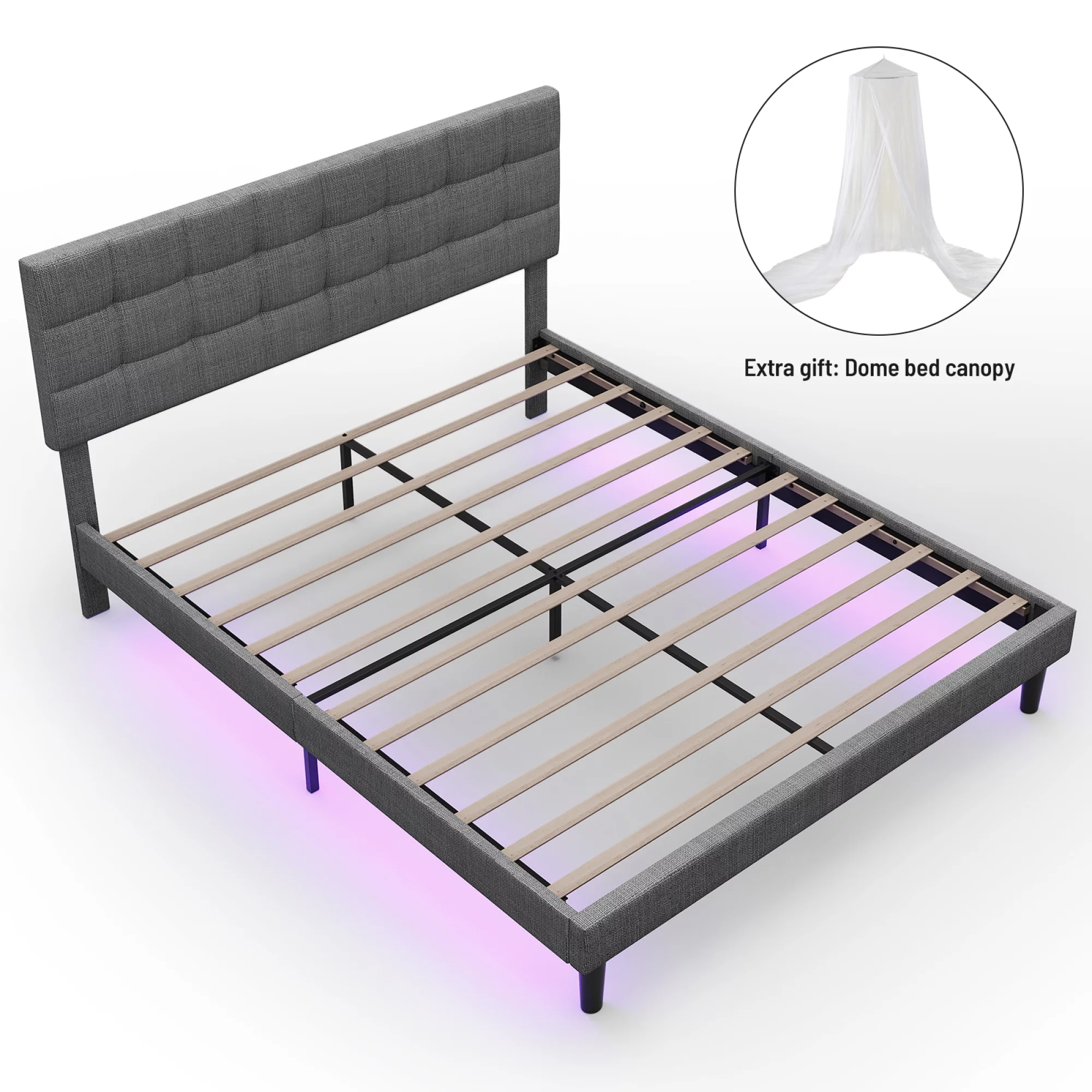 Modern Style Queen Size Upholstered Platform Bed with Lights Grey