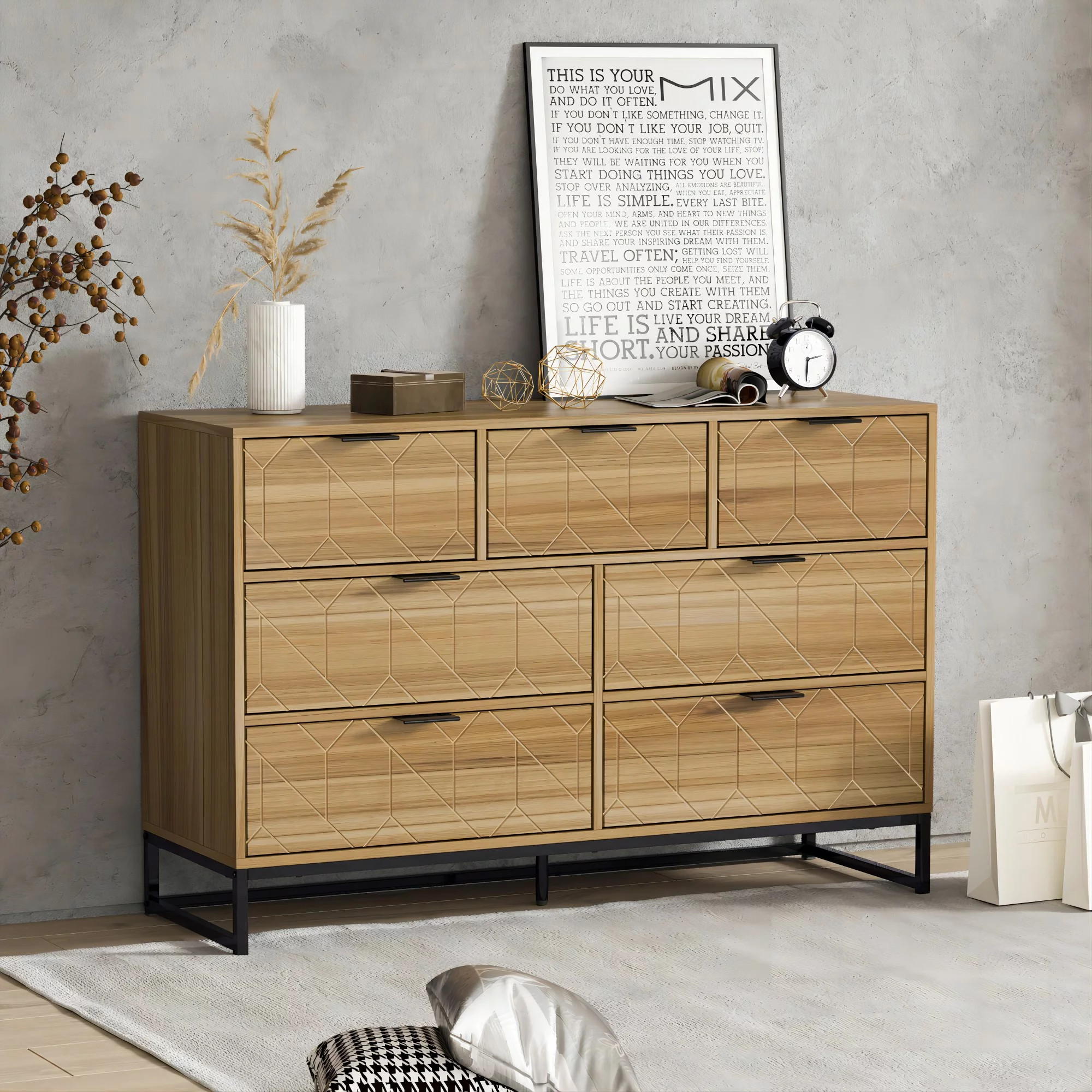 Momspeace Modern Dresser Wooden Cabinet with 7 Storage Drawers, Walnut