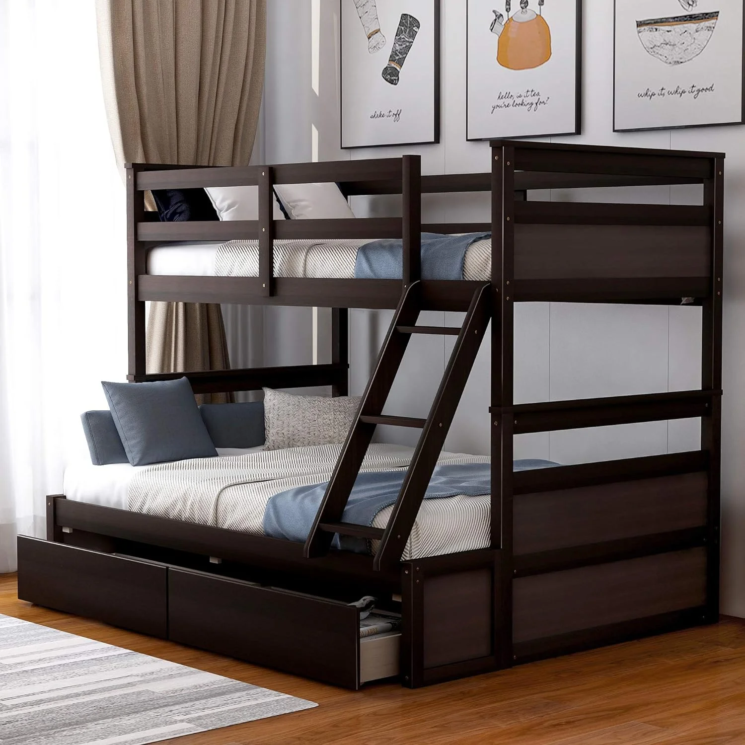 Over Full Bunk Bed With Storage, Wood Bunk Bed Frame With Two Drawer, Safety Guardrail, Ladder, Can Convertible To 2 Separated Beds For Kids, Teens, Adults ( Over Full, Espresso)