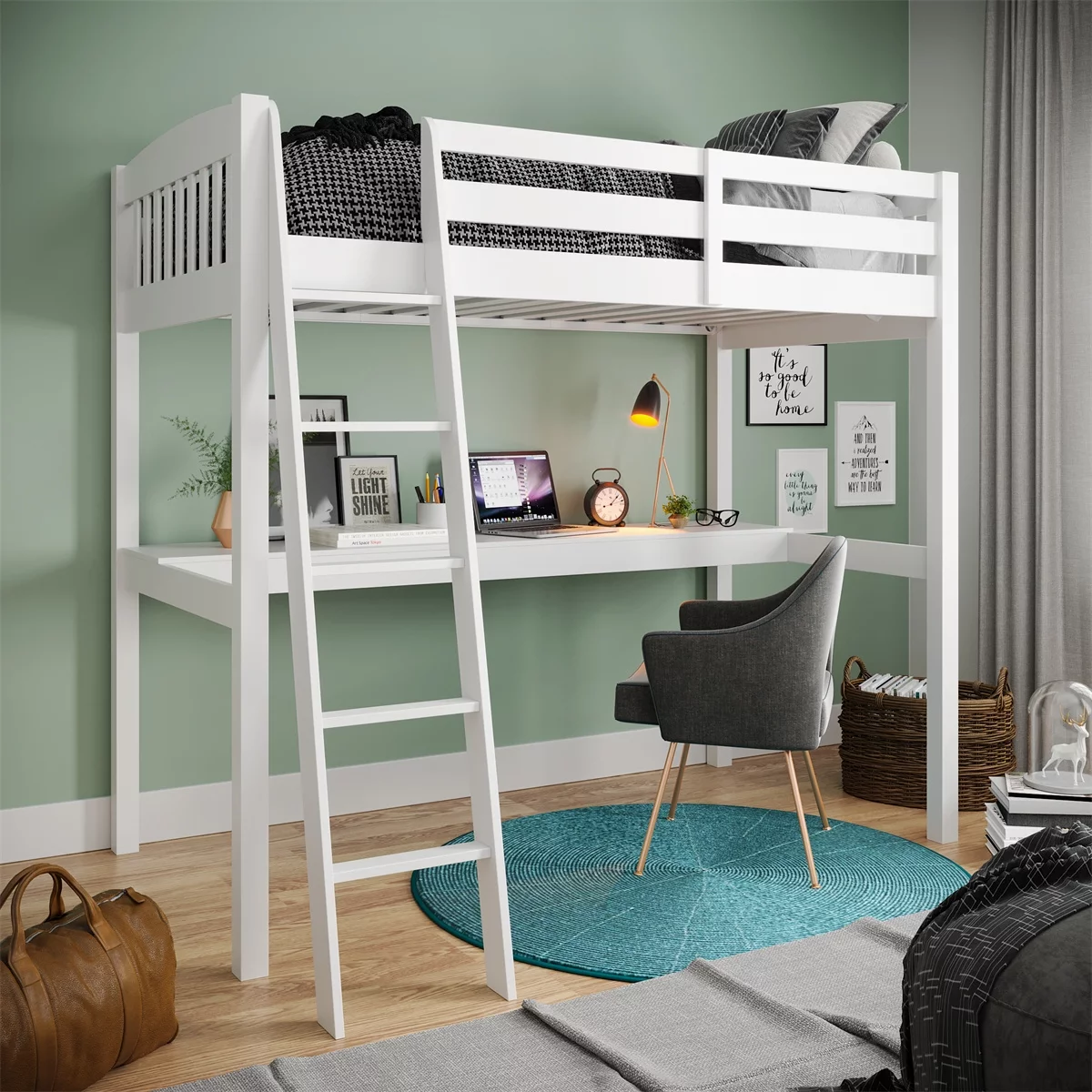 Loft Bed Frame with Desk, Twin Size Wooden Bed Frame with Guard Rails & Ladder for Kids and Teens - White