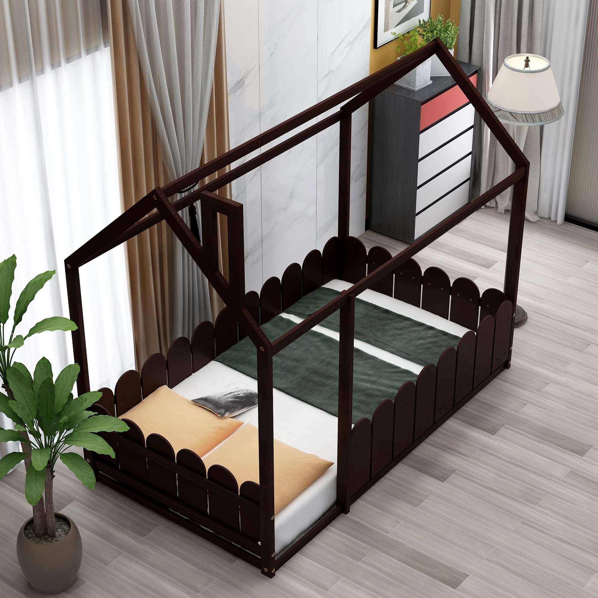 Nestfair Espresso Twin Size Wood House Bed with Fence