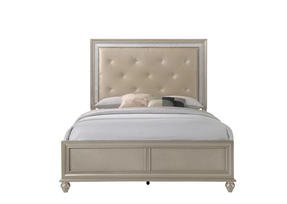 Modern Champagne Faux Finish Diamond Button Tufted HB 6pc Twin Youth Bedroom Set Bed Dresser Mirror Nightstand Chest