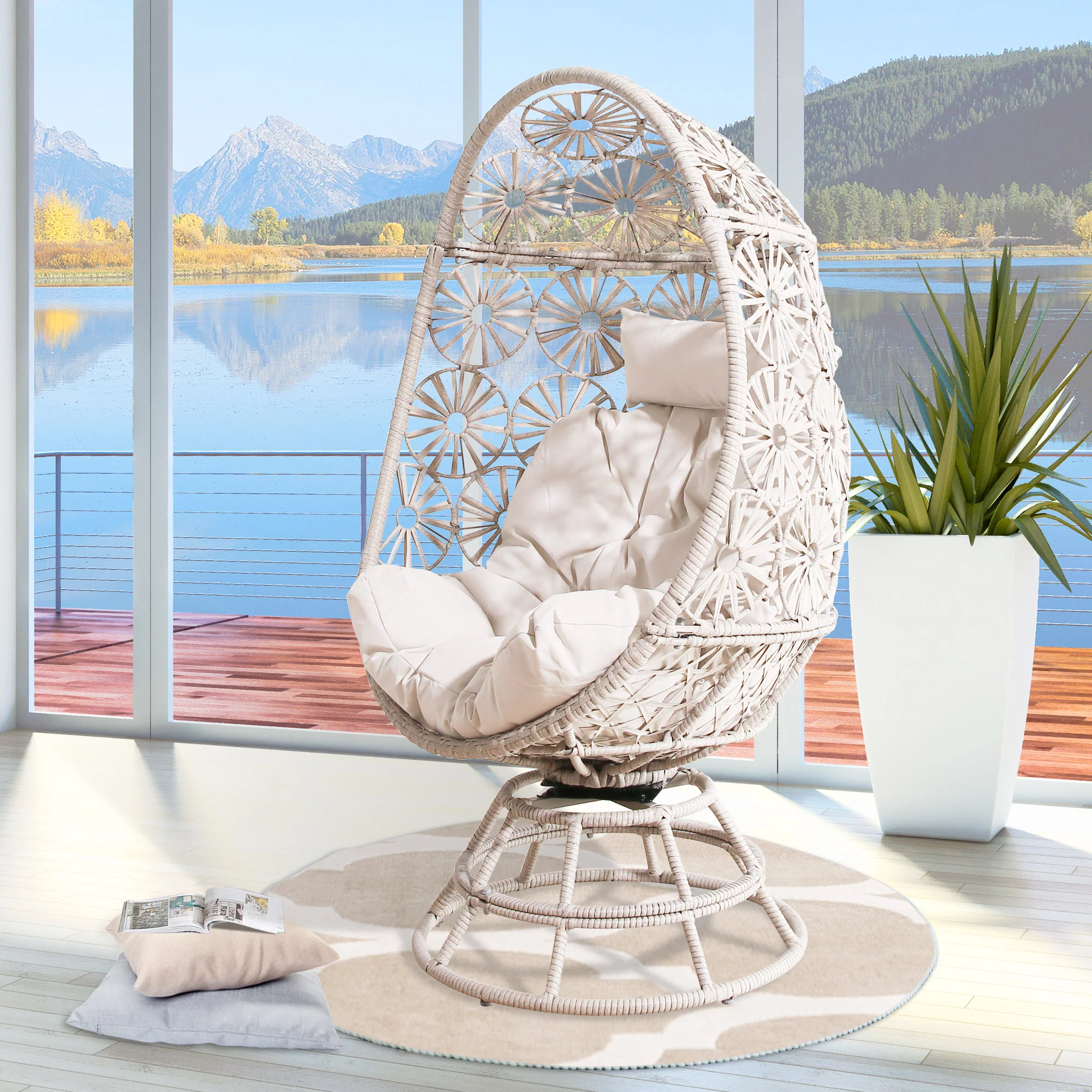 Ulax Furniture Wicker Egg Chair Indoor Outdoor Swivel Lounge Egg Chair with Cushions for Patio, Backyard, Living Room