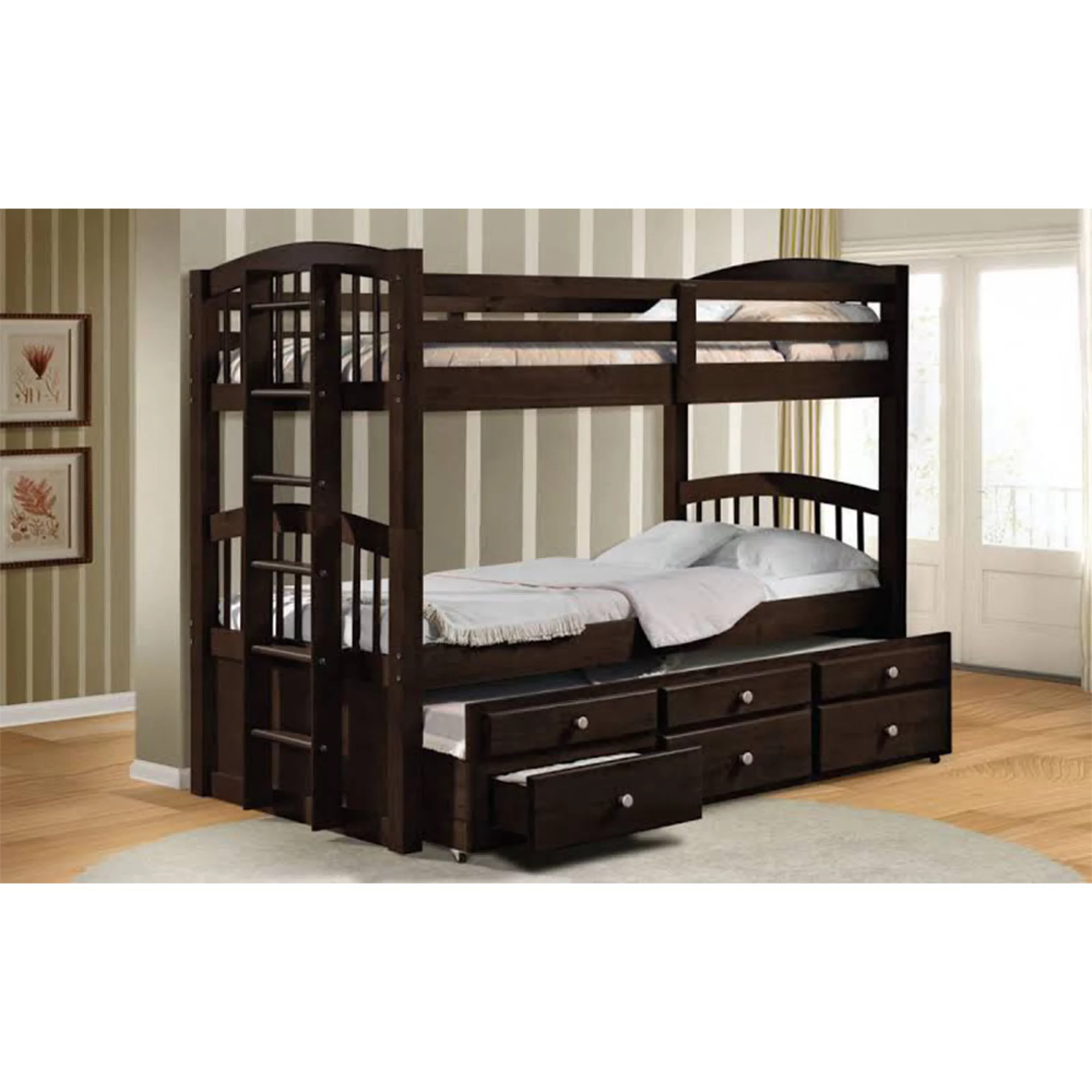 Miekor Furniture Micah Twin over Twin Bunk Bed with Trundle & Drawers in Espresso