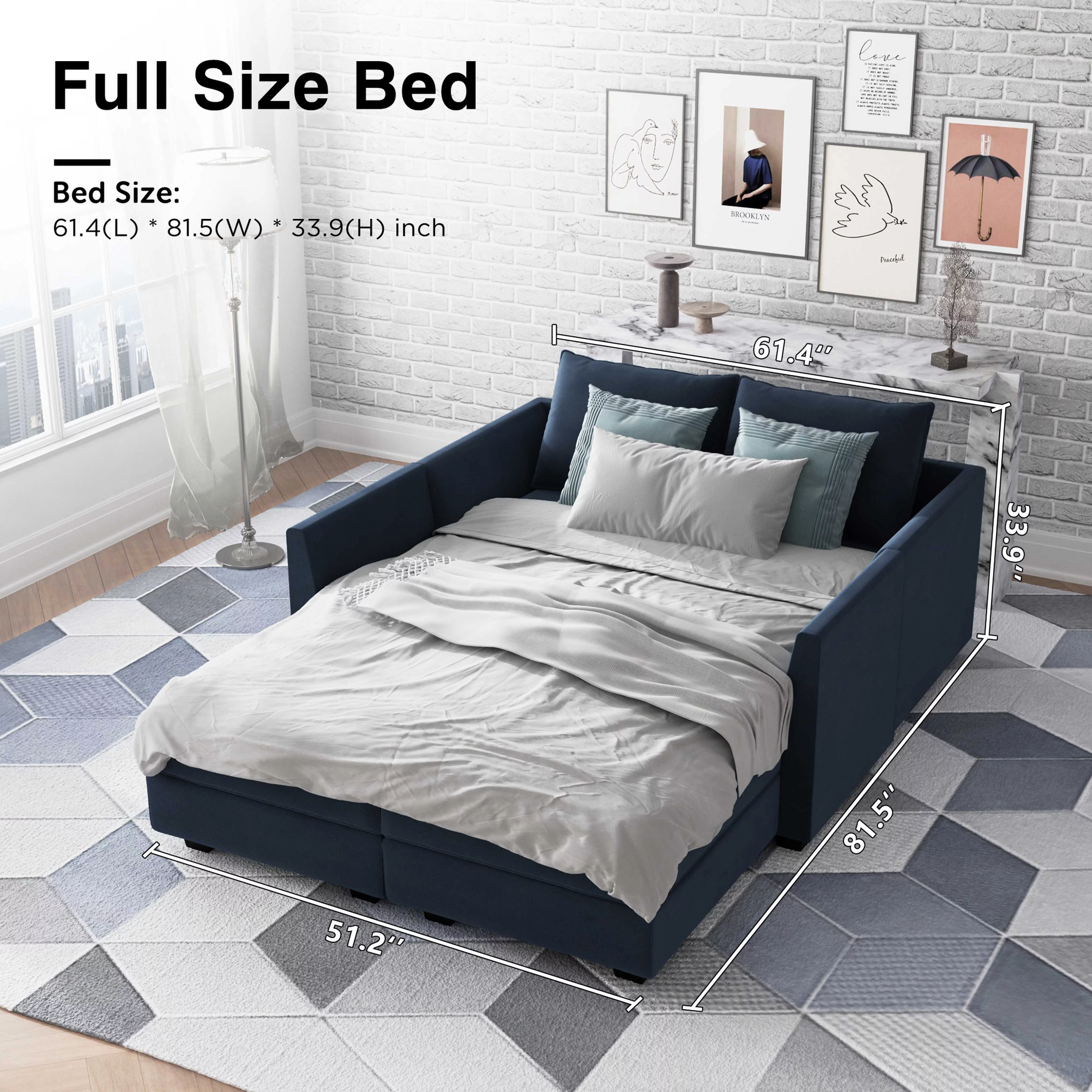 HONBAY Velvet Upholstered Modular Sectional Sleeper Sofa with Storage Ottomans, Free-Combination Sofa for Living Room, Navy Blue