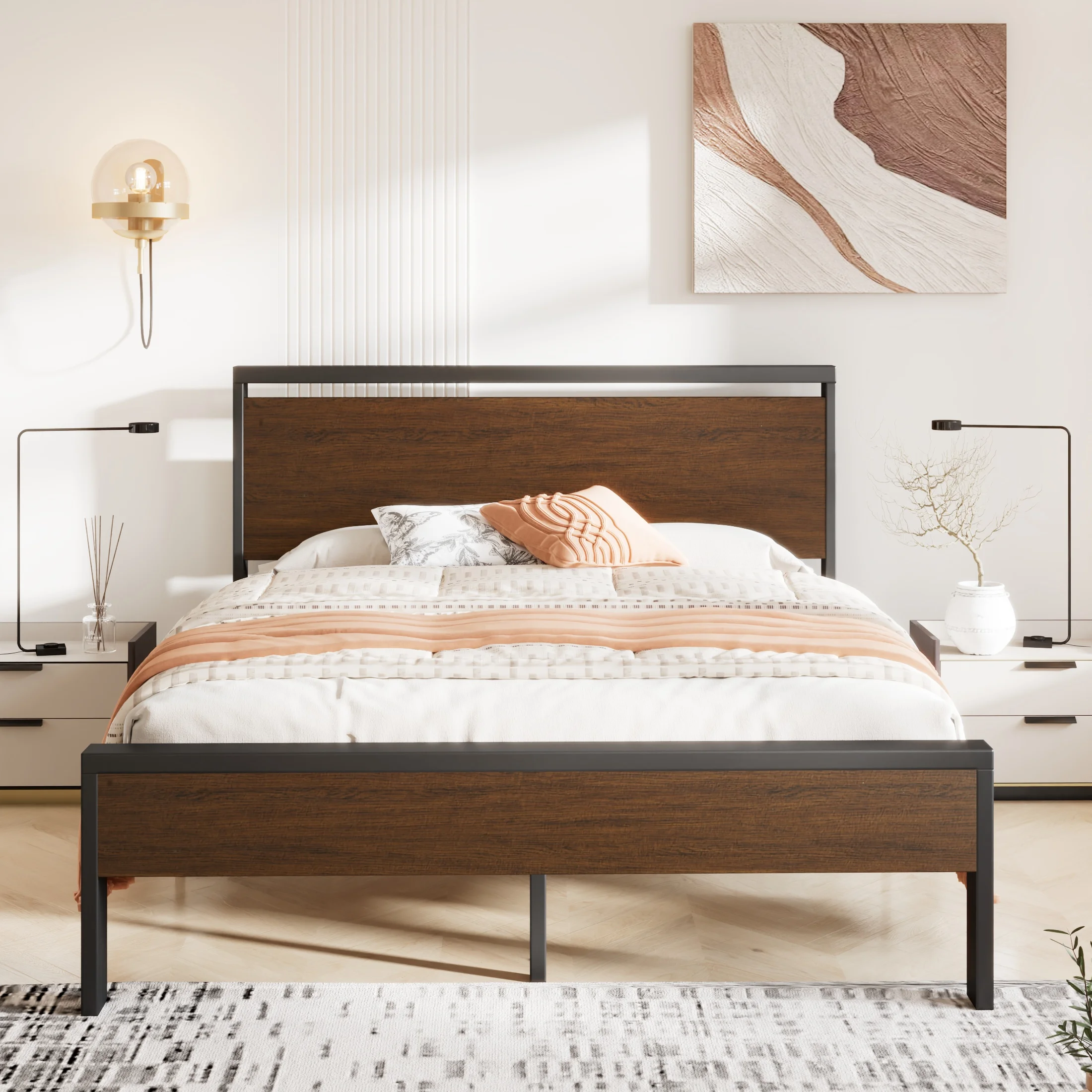 Sha Cerlin Walnut Queen Size Metal Platform Bed Frame with Wooden Headboard & Footboard, Adult