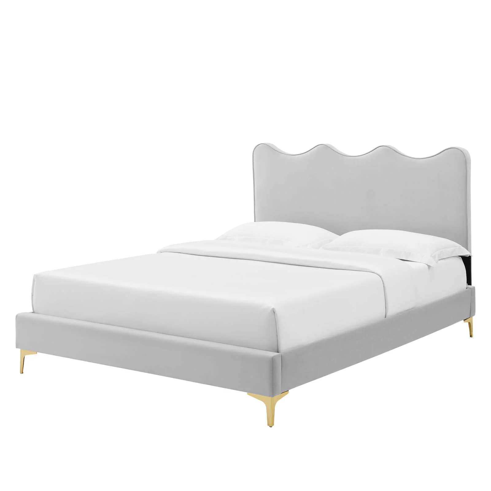 Platform Bed Frame, King Size, Grey Gray, Velvet, Modern Contemporary, Bedroom Master Guest Suite Room