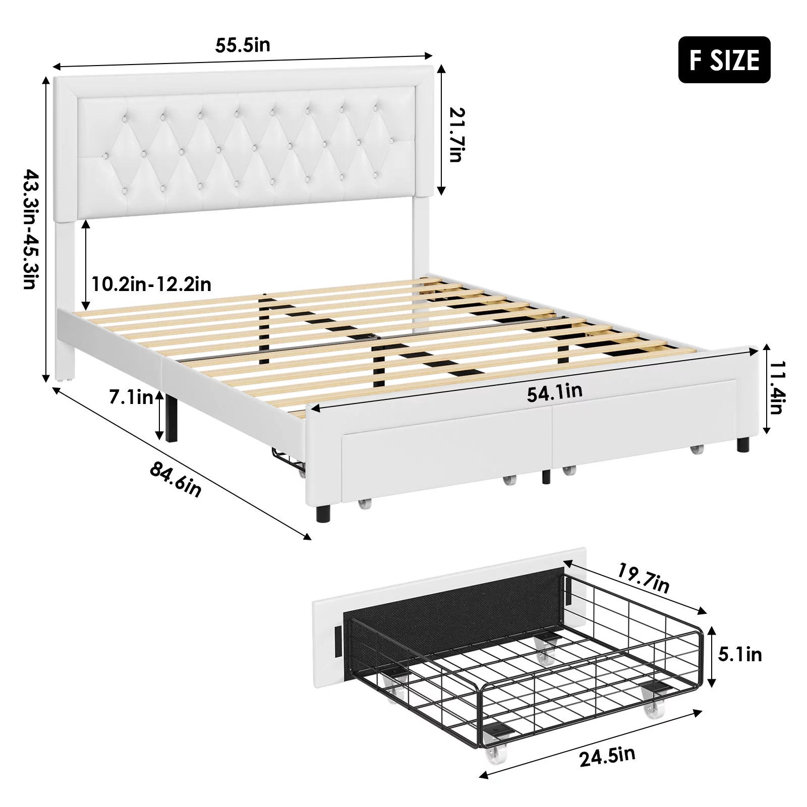 Homfa Full Size 2 Storage Drawers Bed Frame, PU Leather Upholstered Platform Bed with Adjustable Button Headboard, White